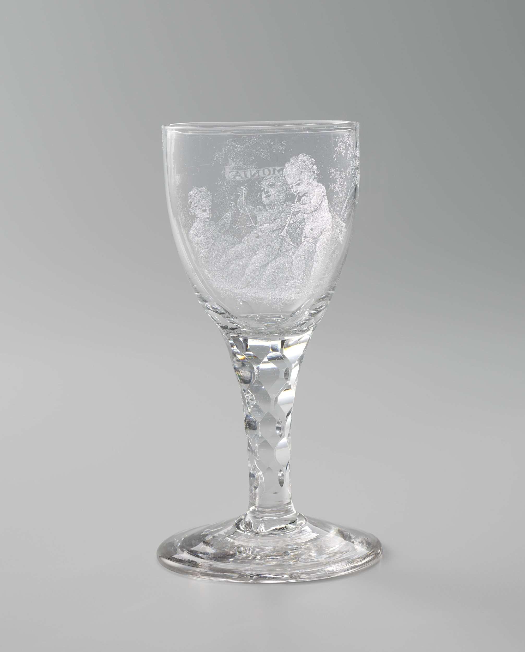 Wine glass with three music-making boys