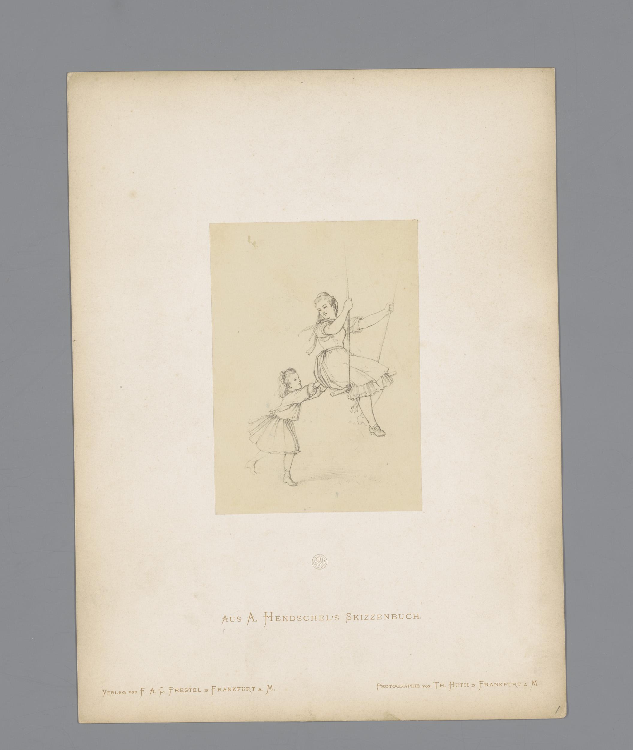 Fotoreproductie van een schets van een schommelend meisje door Albert Hendschel