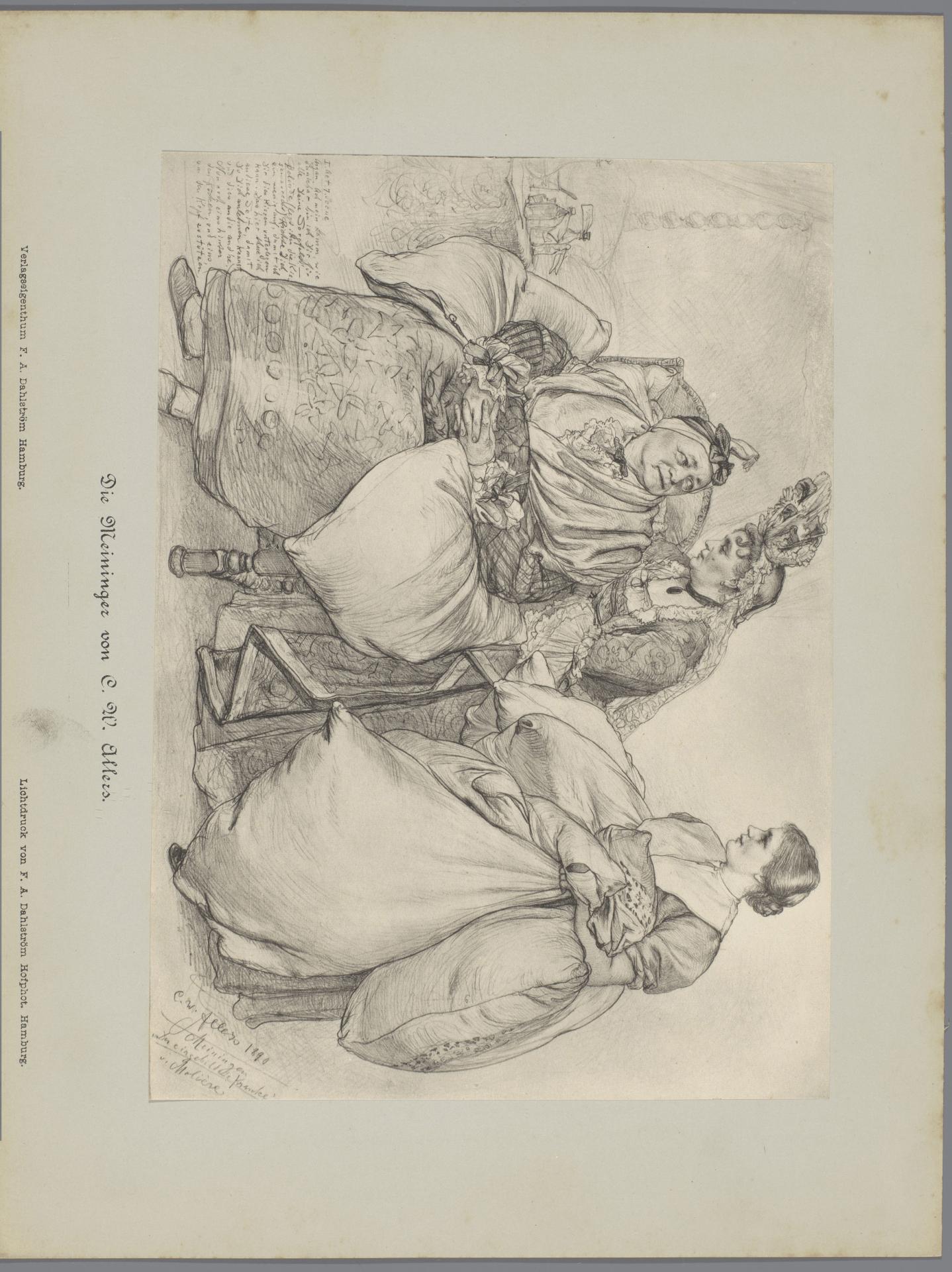 Fotoreproductie van een tekening, voorstellende drie actrices in historisch kostuum