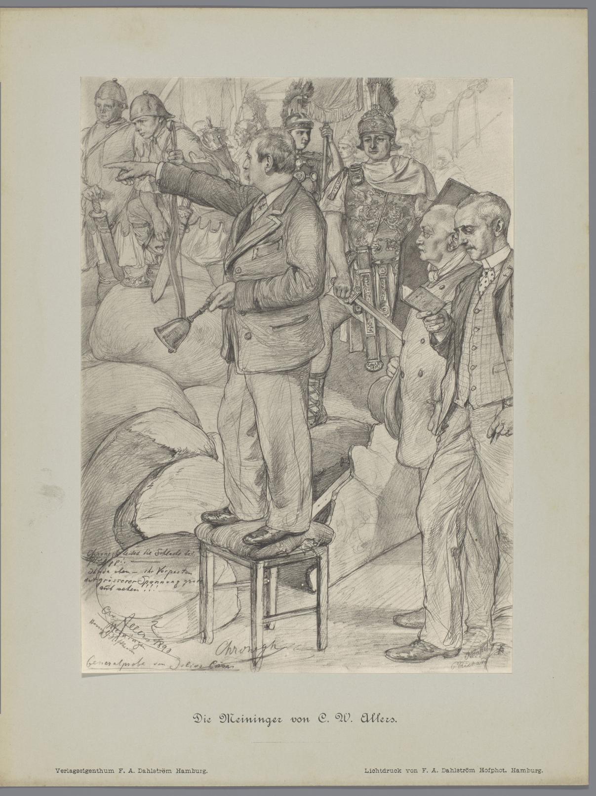 Fotoreproductie van een tekening, voorstellende Ludwig Chronegk leidt de generale repetitie van het toneelstuk Julius Caesar