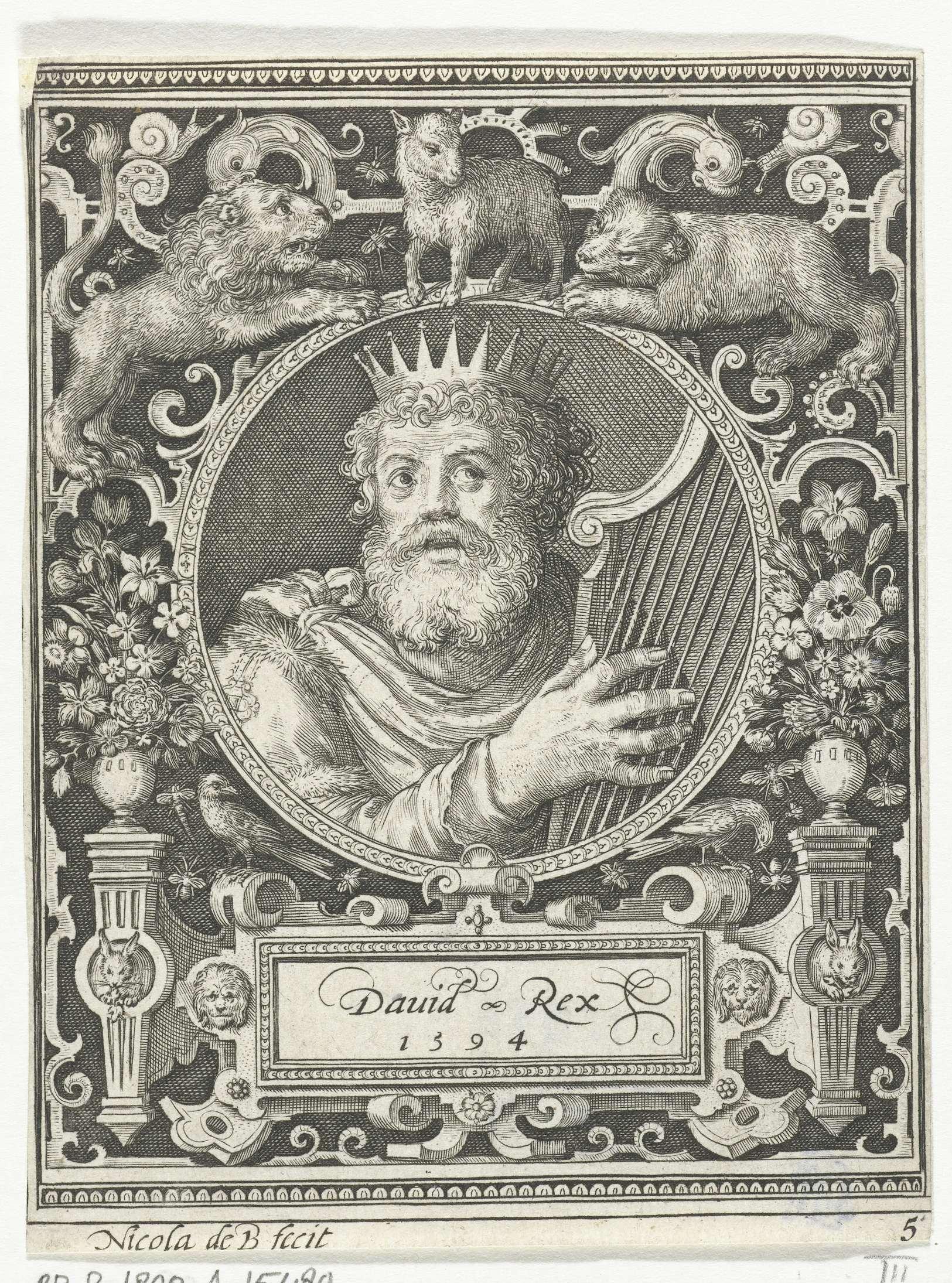 Portret van Koning David in medaillon binnen rechthoekige omlijsting met ornamenten