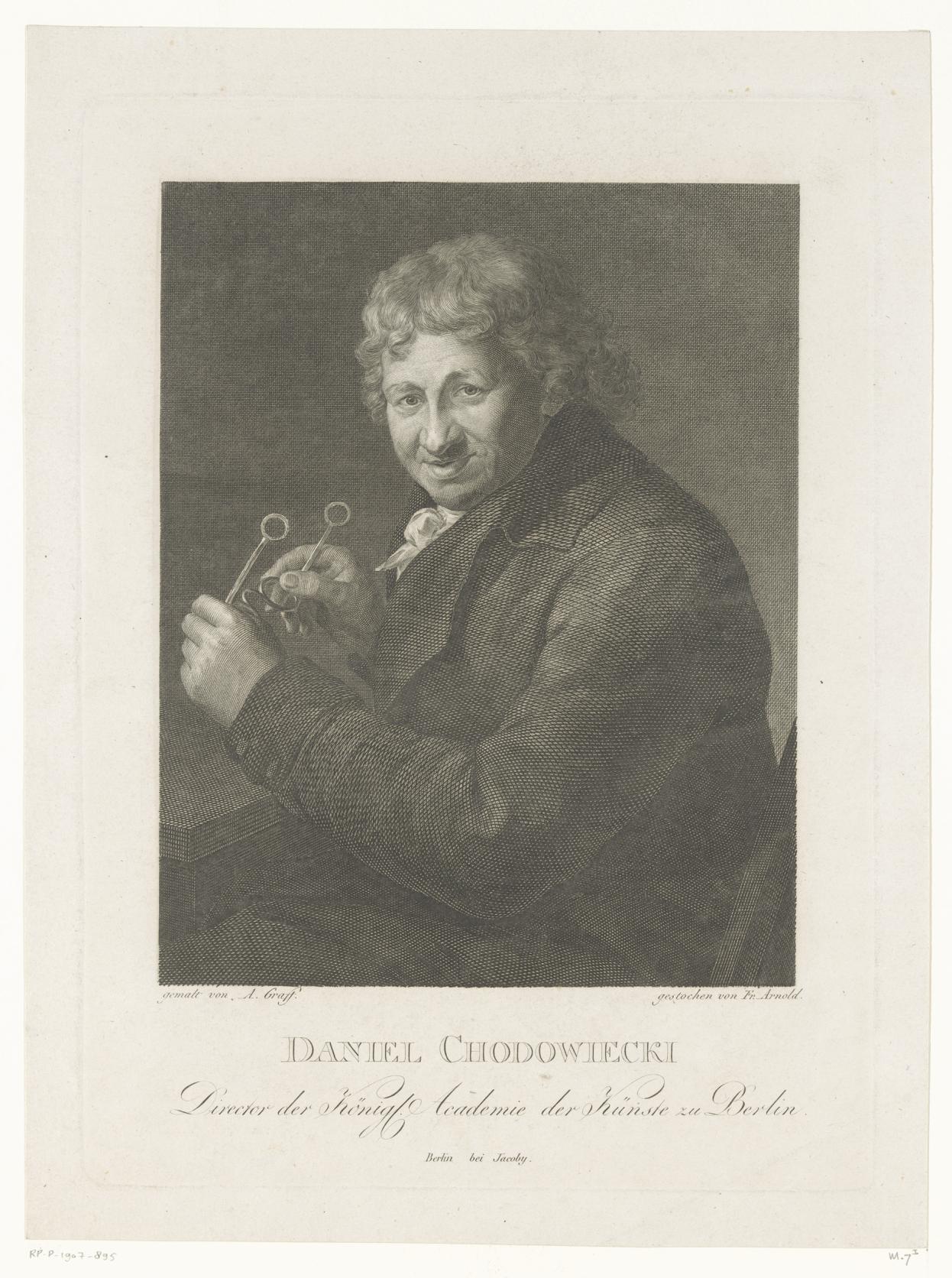 Portret van Daniel Nikolaus Chodowiecki met een bril in zijn handen