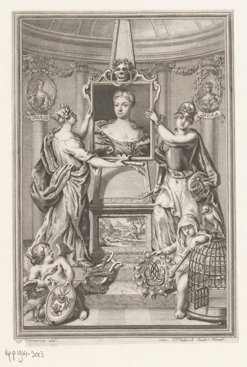 Portret van Catharina Elisabeth Besser vastgehouden door Erato en Minerva