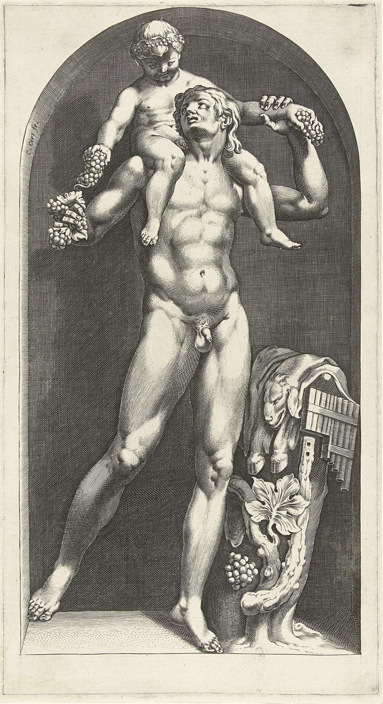 Beeld van een faun met Bacchus op zijn schouders