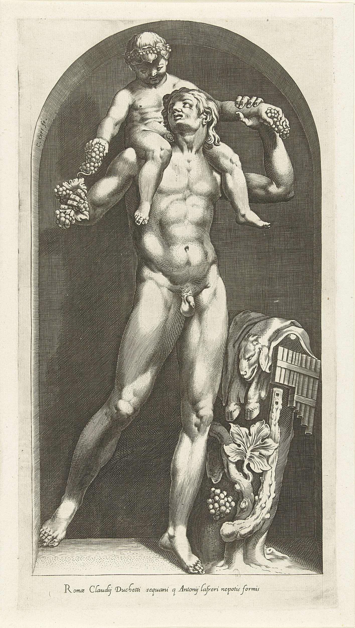 Beeld van een faun met Bacchus op zijn schouders