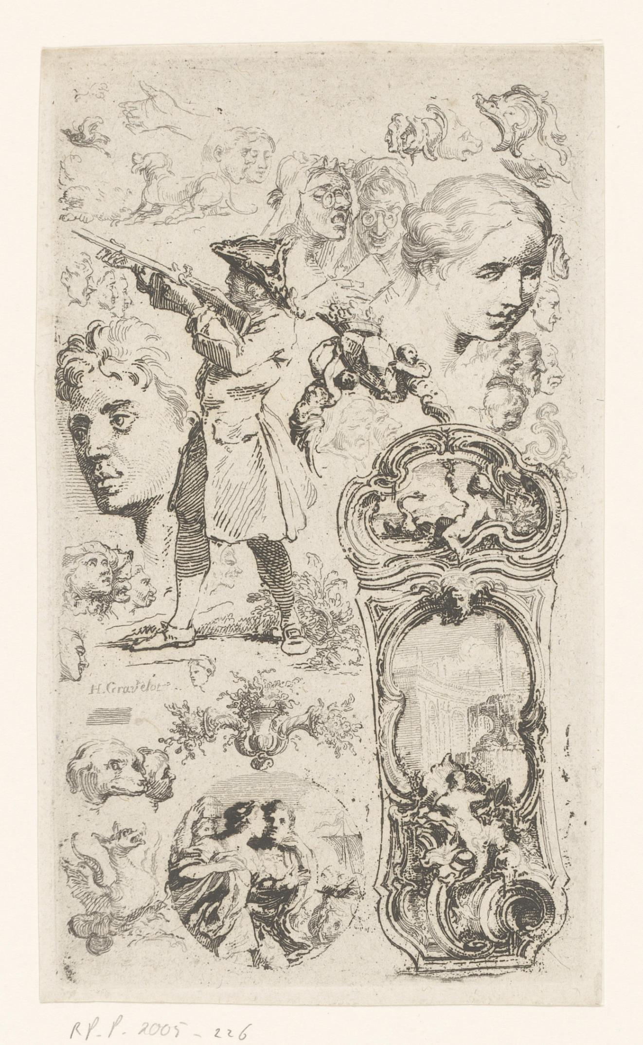 Compositie met een cartouche, een man met geweer en verschillende hoofden en dieren