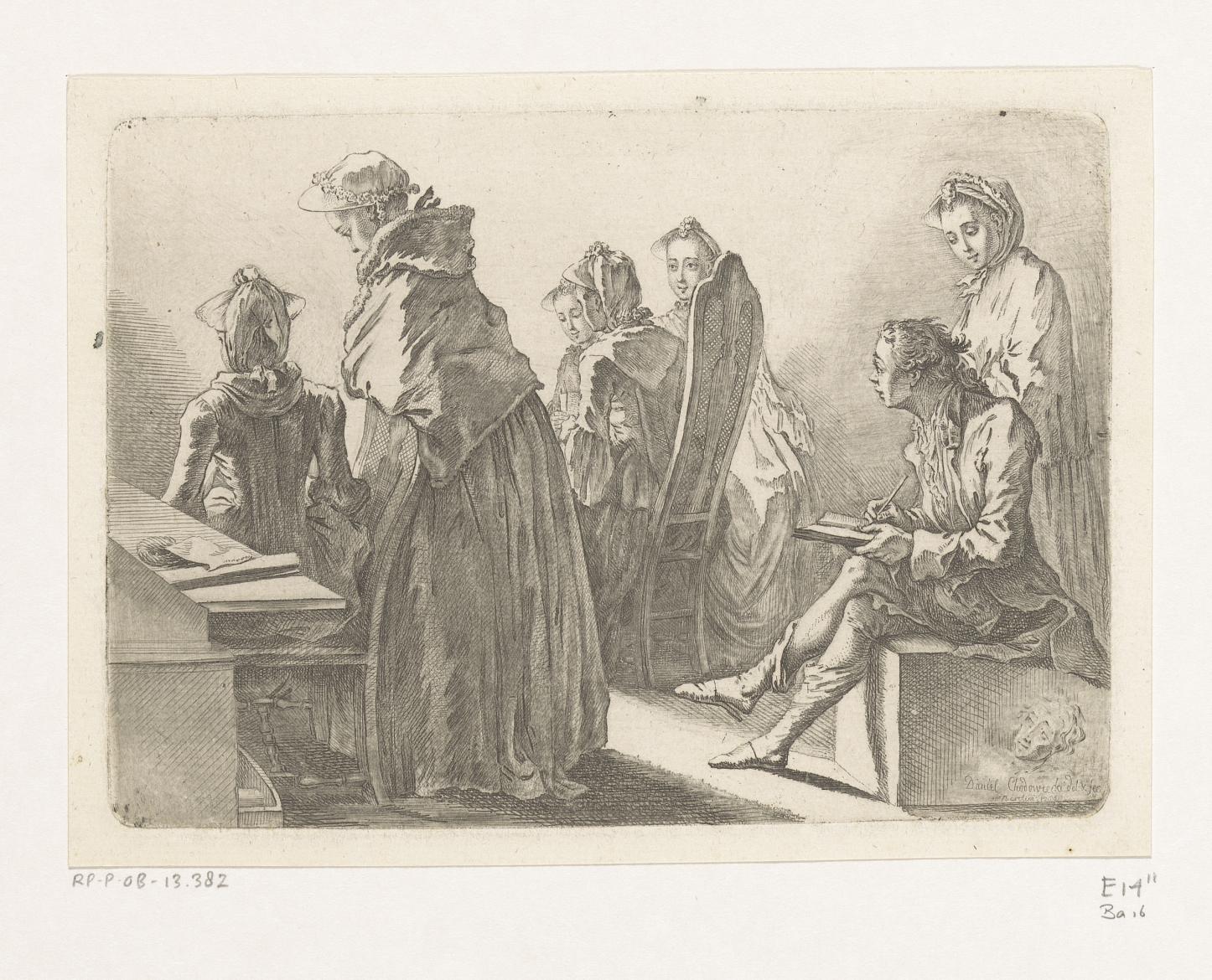 Zes dames met de kunstenaar in zijn kamer