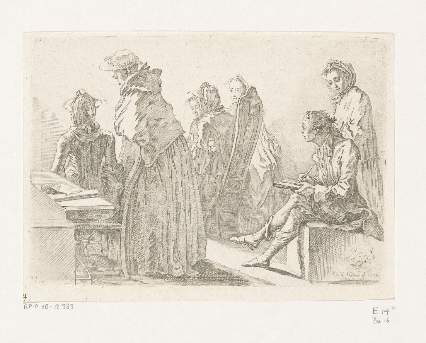 Zes dames met de kunstenaar in zijn kamer