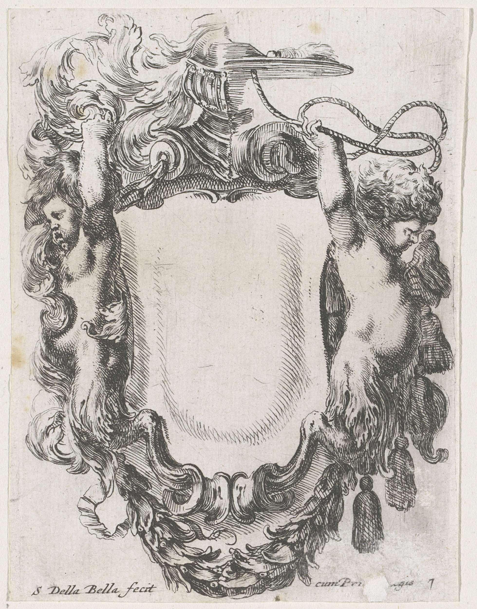Cartouche met twee jonge saters, een halve kardinaalshoed en een halve helm