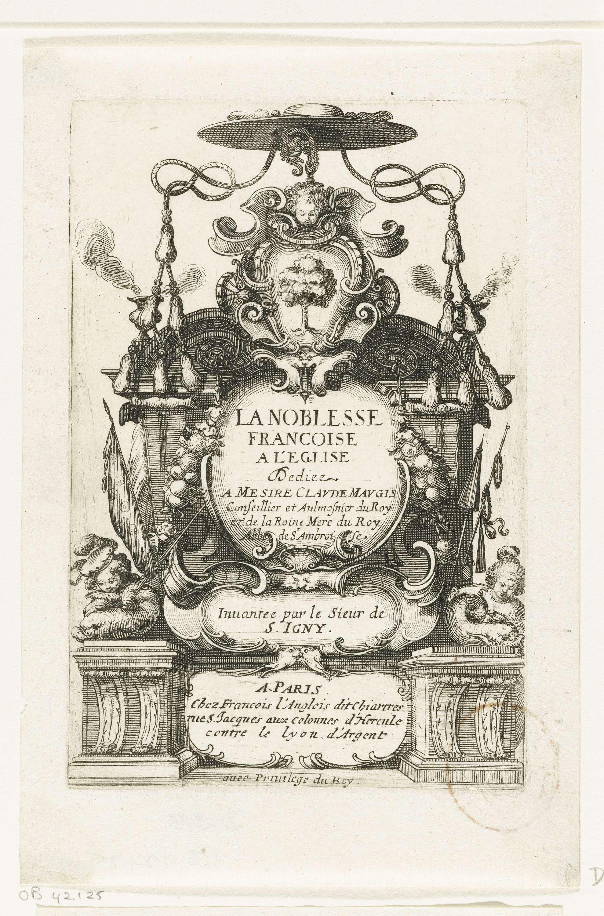 Titelprent met cartouche, kardinaalshoed en het wapen van Claude Maugis