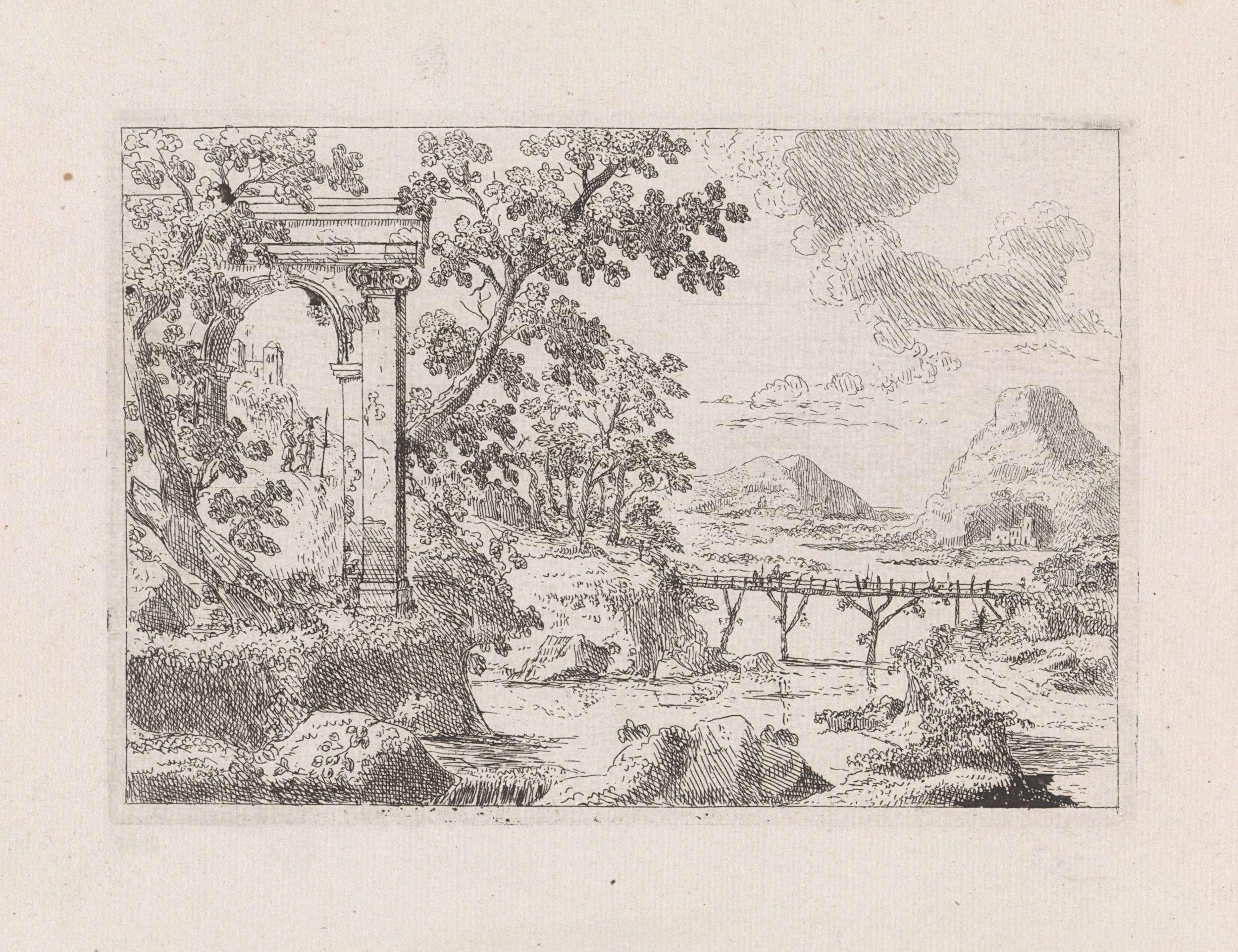 Rivierlandschap met houten brug