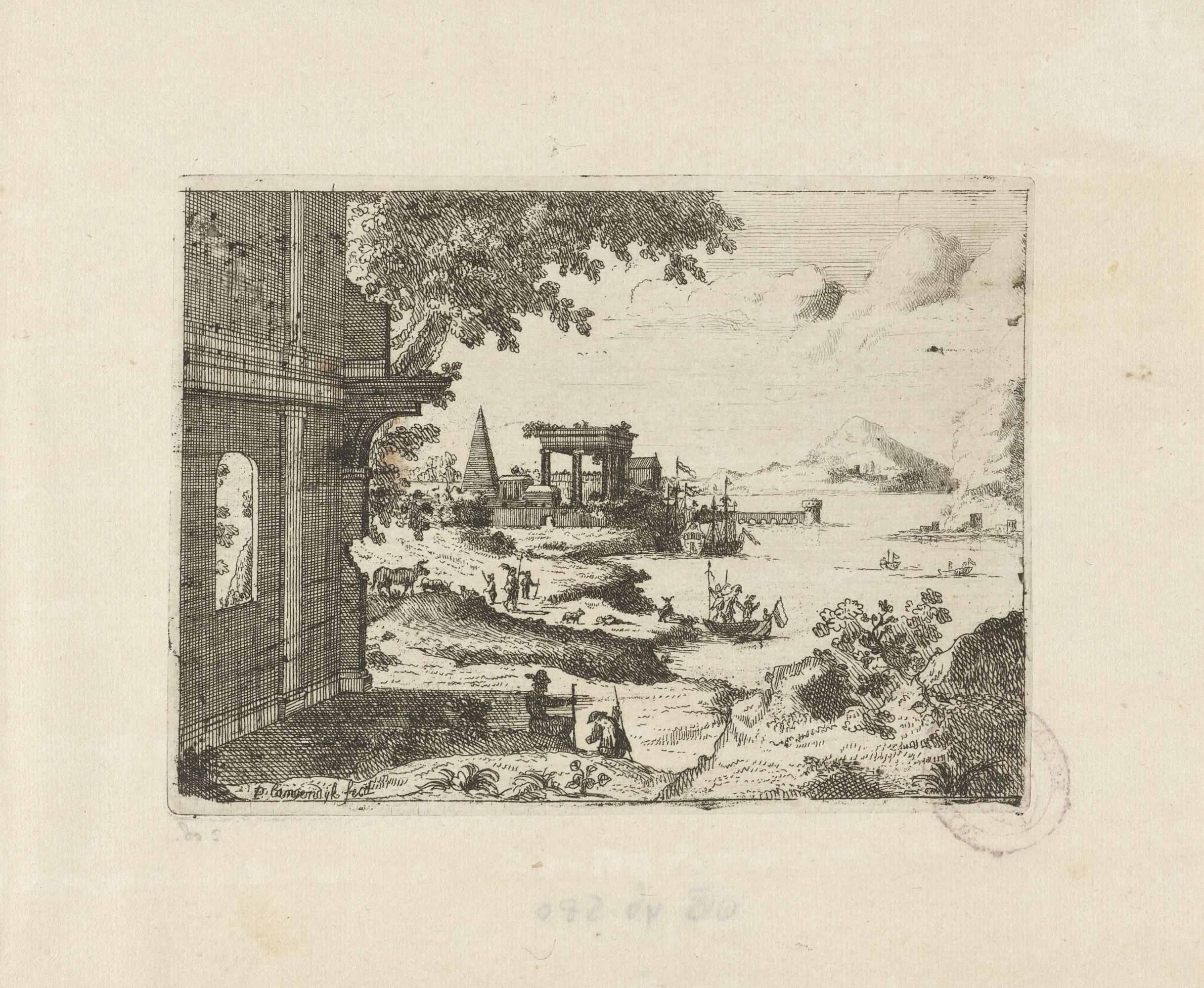 Rivierlandschap met antieke bouwwerken