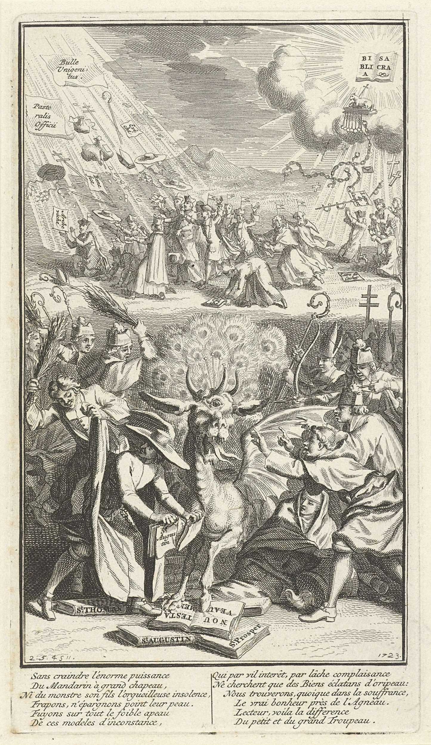 Allegorische voorstelling met een monster dat het Nieuwe Testament en andere boeken vertrapt