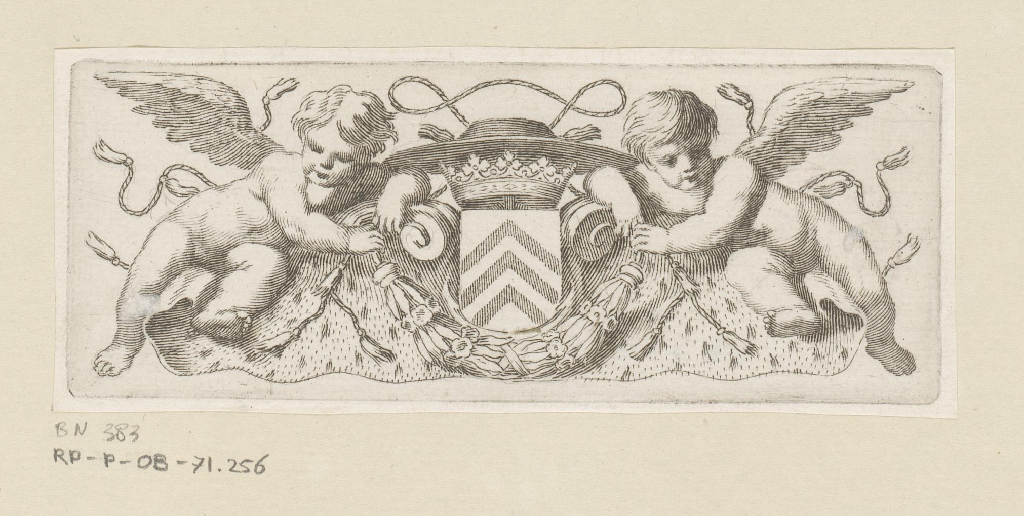 Twee putti bij het wapen, de kardinaalshoed en mantel van kardinaal Richelieu
