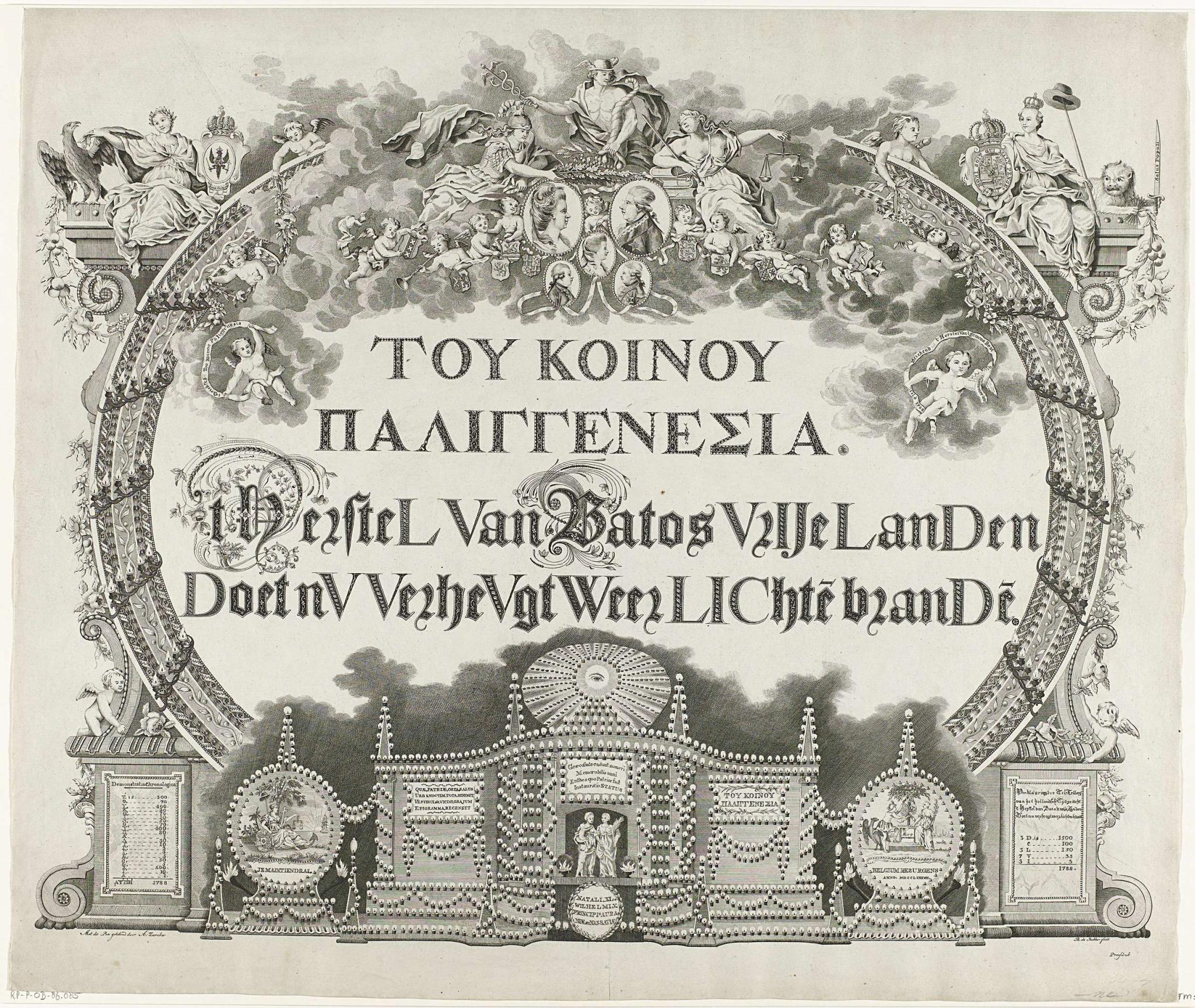 Allegorie met kalligrafie en de illuminatie van het huis van C.C. Engelbronner te Amsterdam, 1788