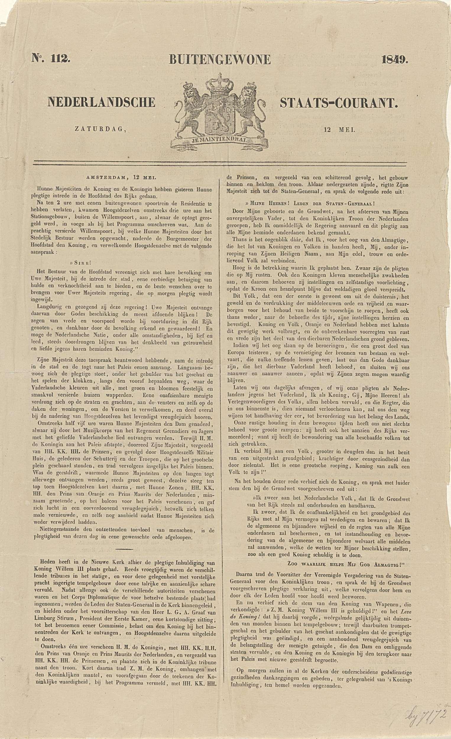 Buitengewone Nederlandsche Staats-Courant. Zaturdag, 12 Mei. No. 112. 1849