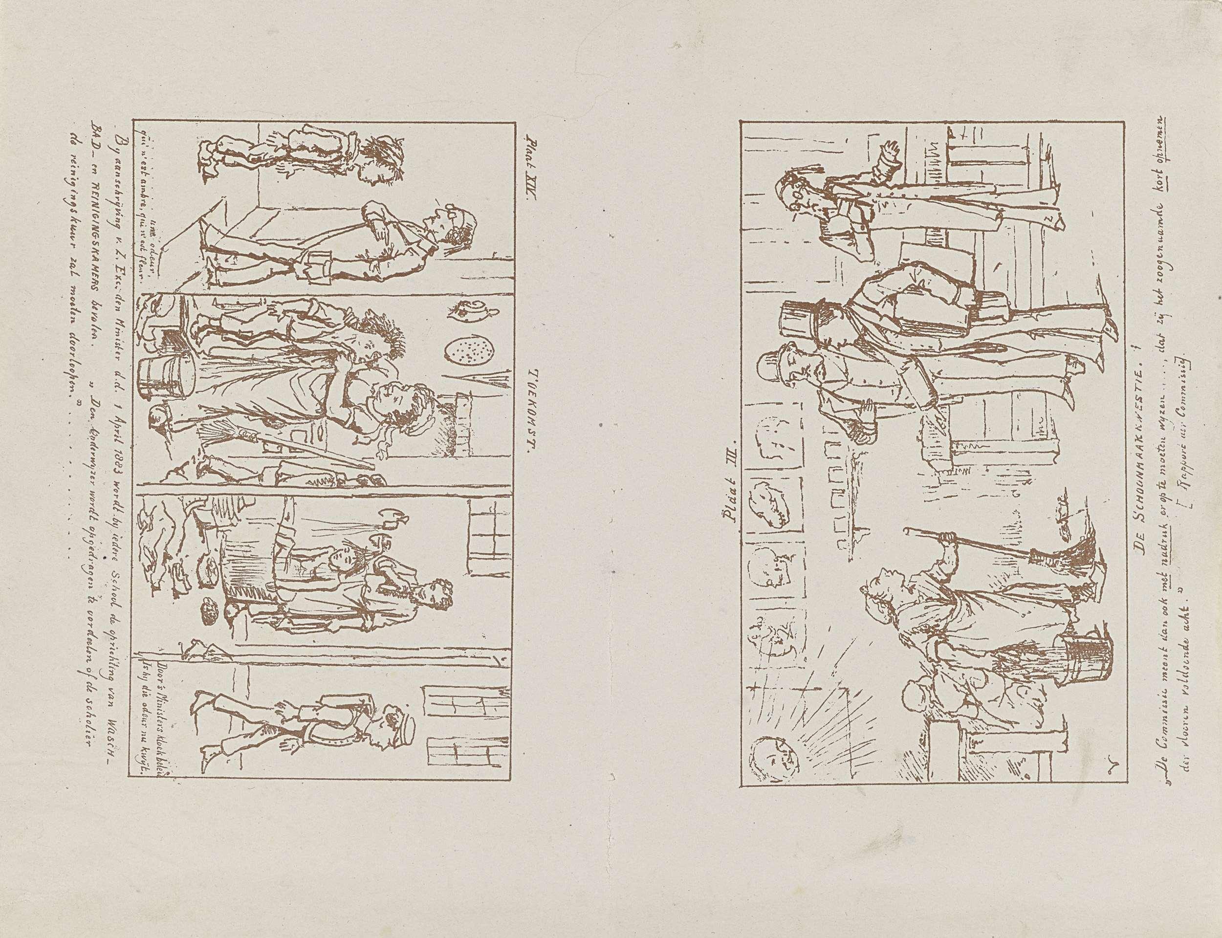 Twee platen uit 'De Nieuwe Schoolwet en het Rapport der Commisssie / Geillustreerd door Veridicus', 1879