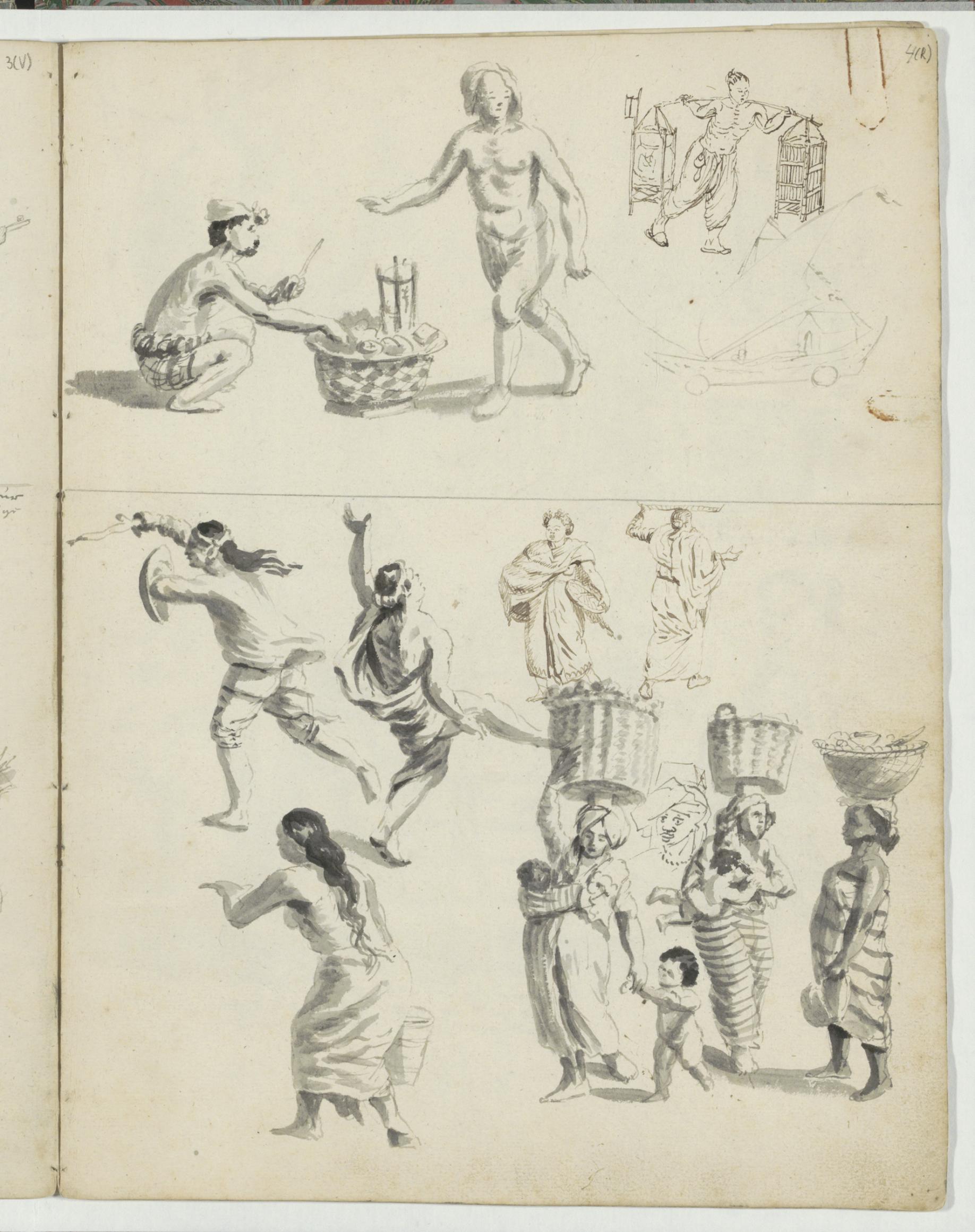 Studieblad met lastdragers, dansers en vrouwen met manden op het hoofd