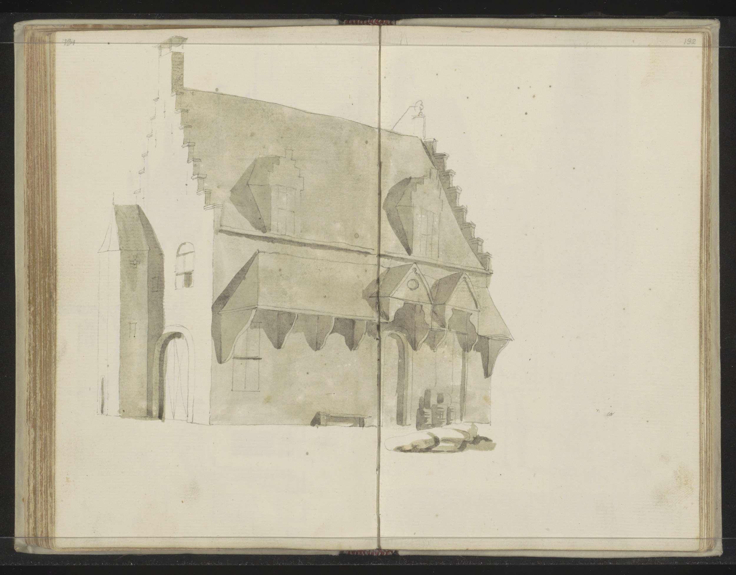 Zijaanzicht van een gebouw met een trapgevel