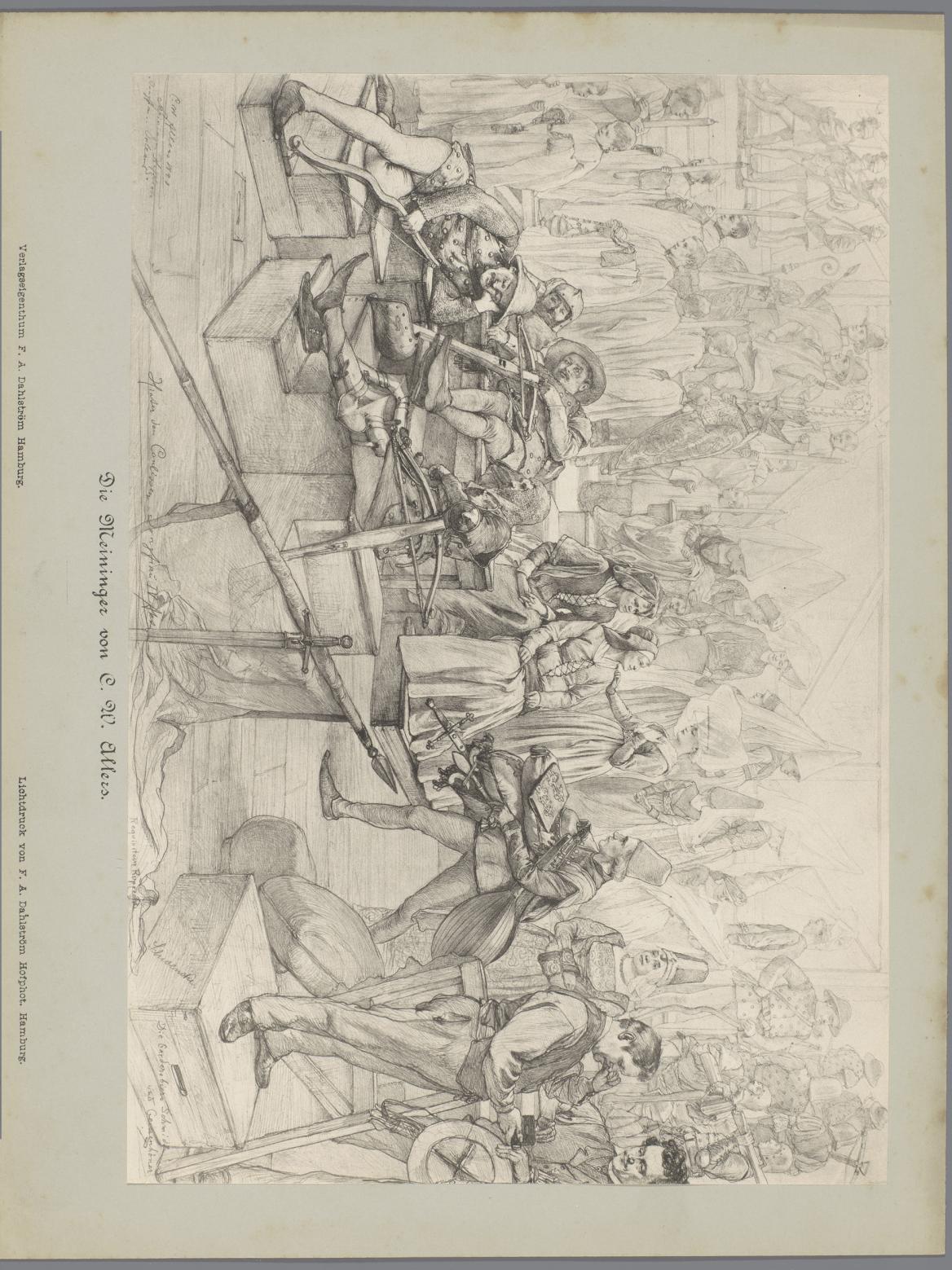 Fotoreproductie van een tekening, voorstellende acteurs achter de schermen bij een opvoering van de Maagd van Orleans