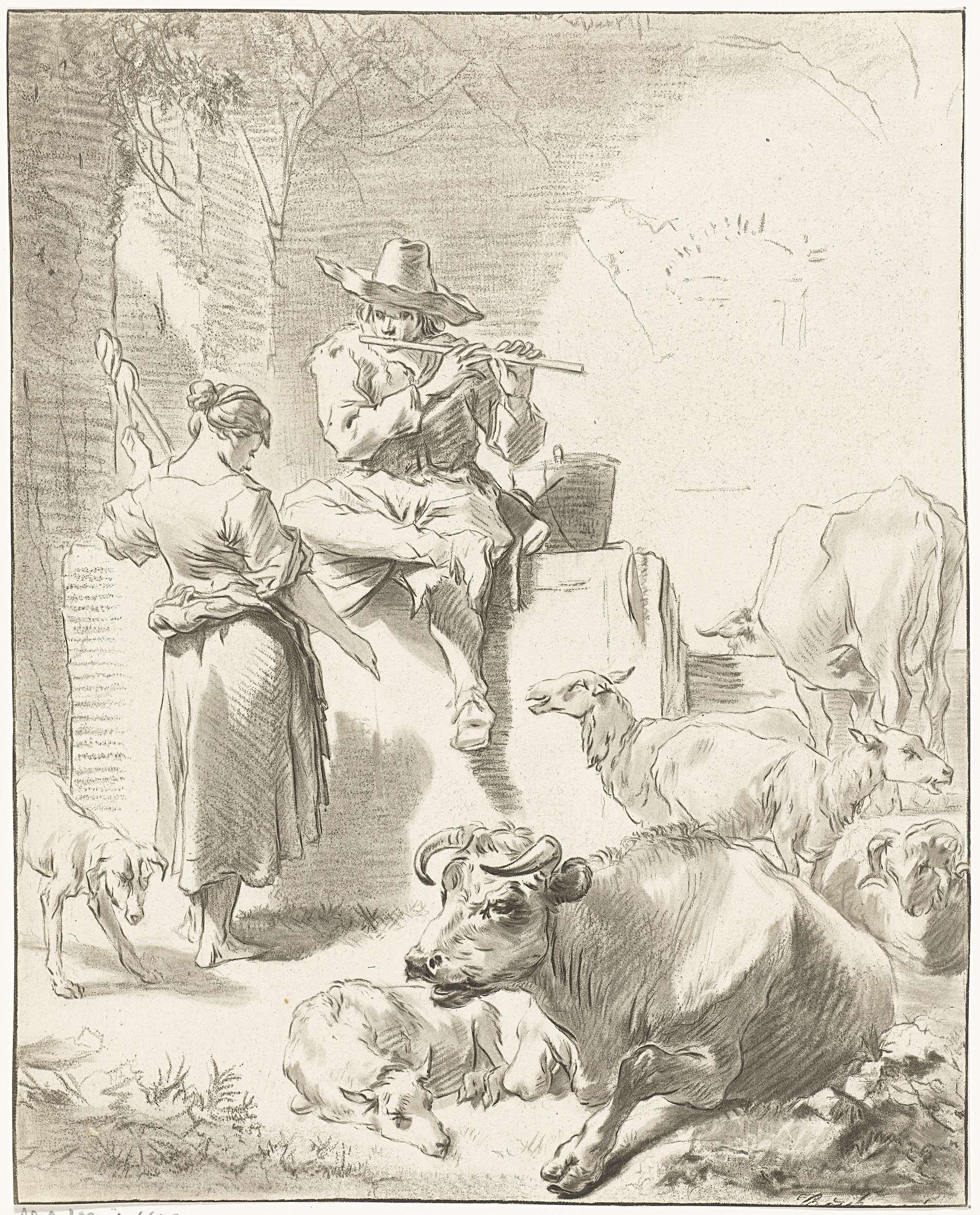 Fluitspelende herder en spinnende herderin