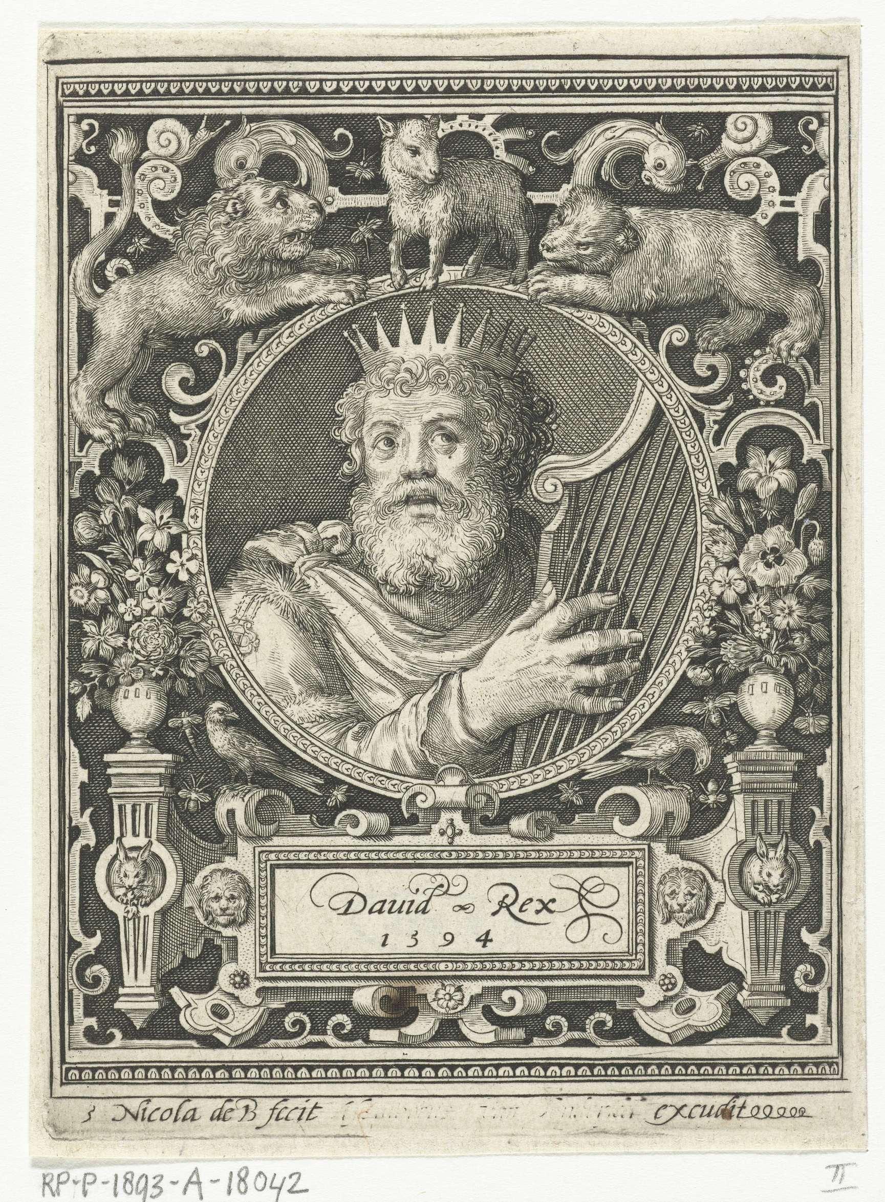 Portret van Koning David in medaillon binnen rechthoekige omlijsting met ornamenten