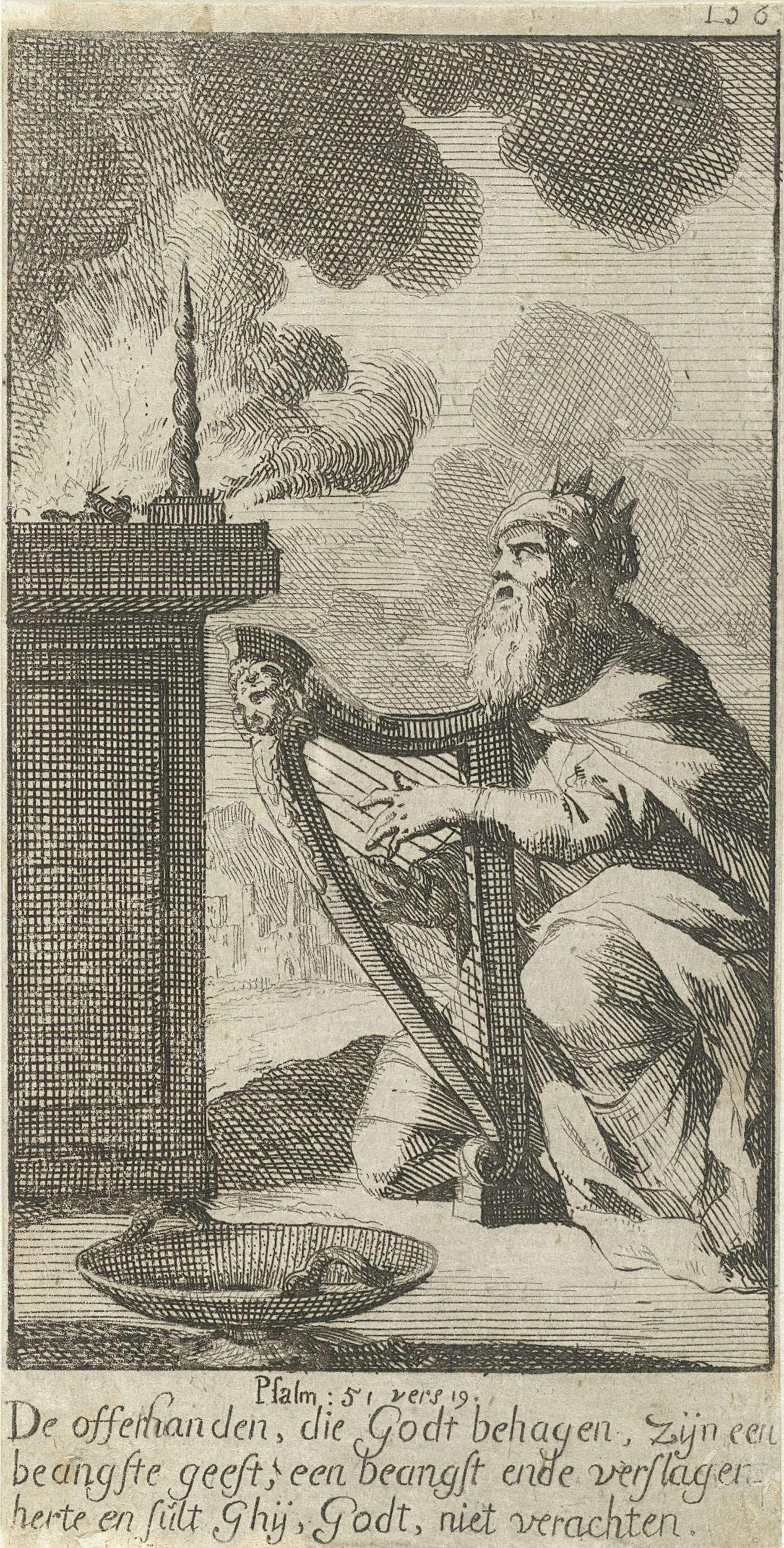 David knielt met zijn harp voor een altaar