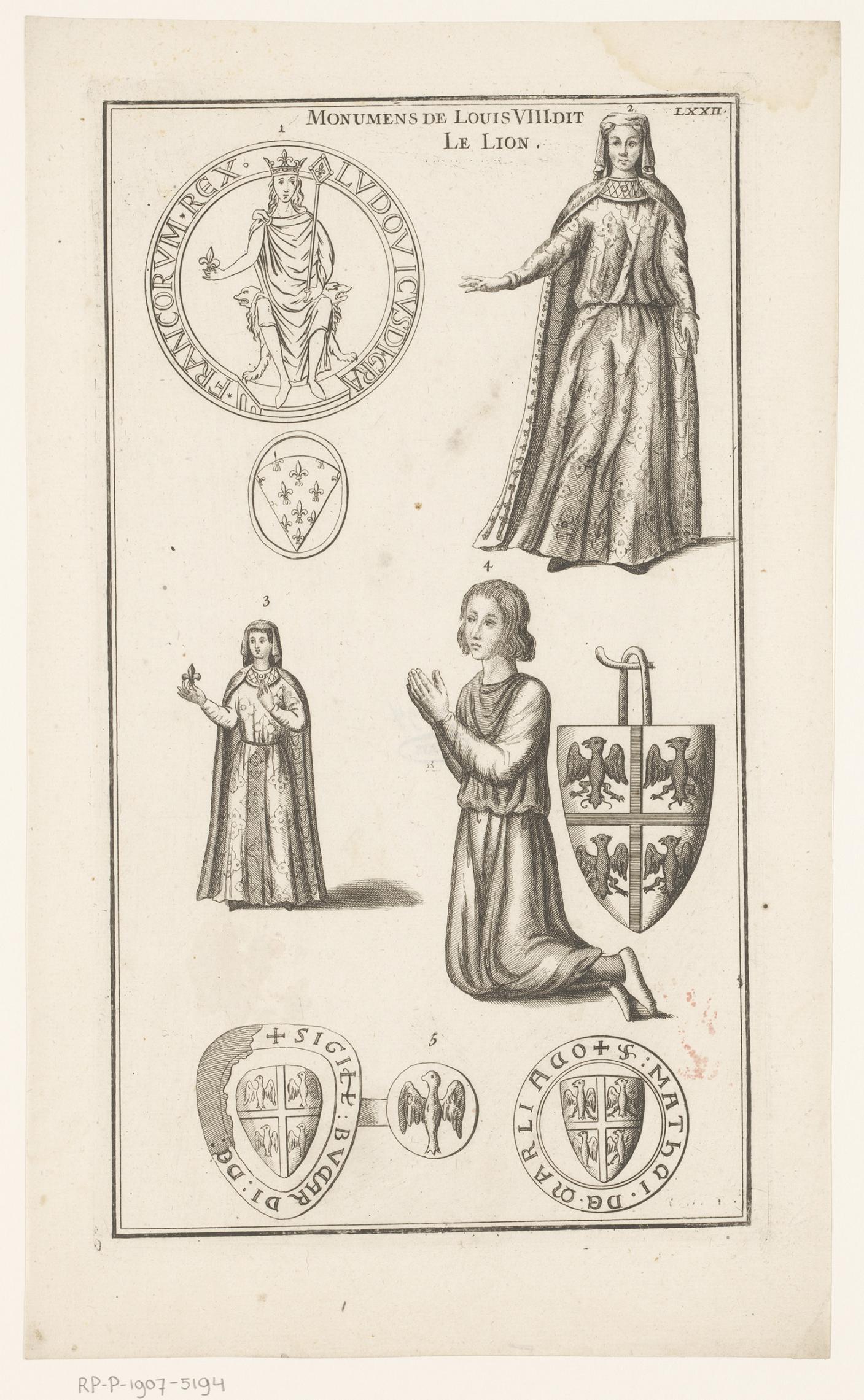 Portretten van koning Lodewijk VIII en zijn vrouw en zoon, omringd door diverse zegels en wapenschilden