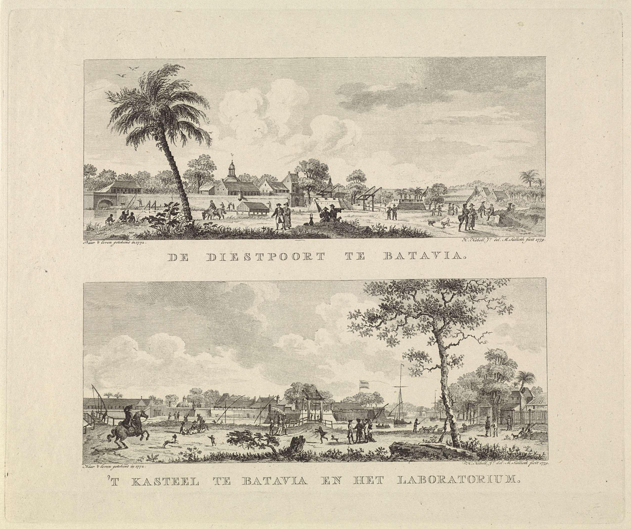 Gezichten op de Diestpoort en het kasteel in Batavia