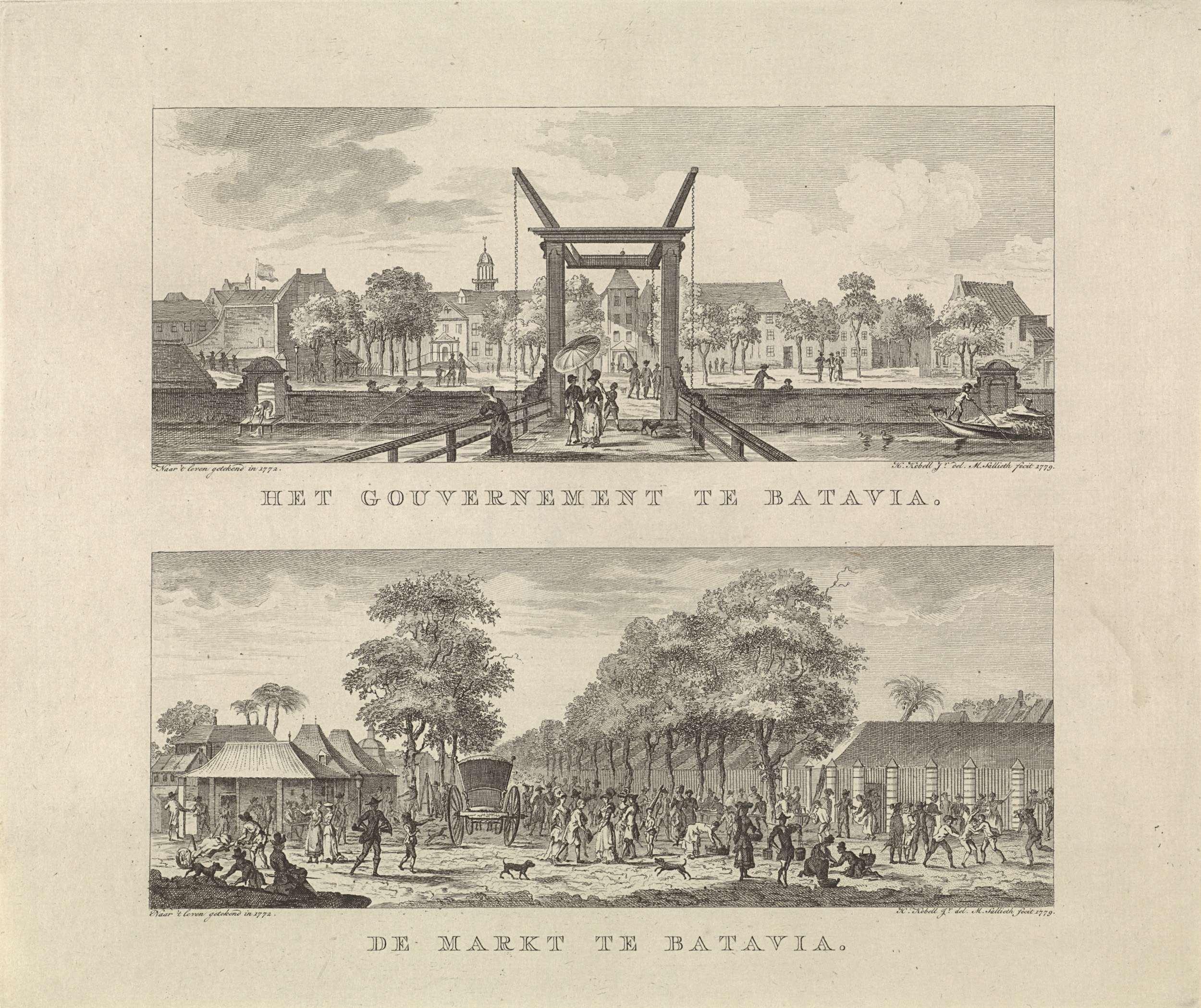 Gezichten op het gouvernementsgebouw en de markt van Batavia