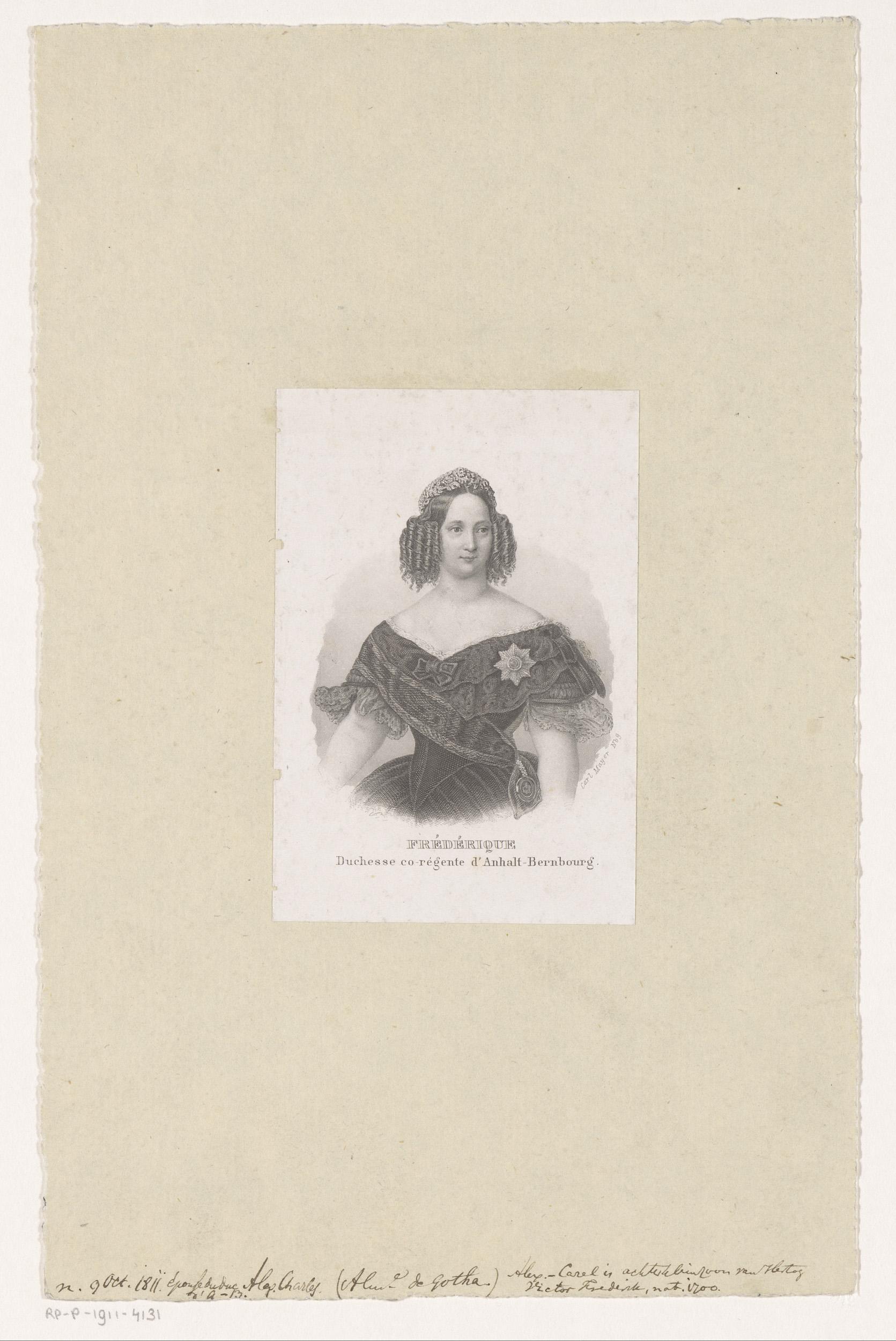 Portret van Frederica van Sleeswijk-Holstein-Sonderburg-Glücksburg, hertogin van Anhalt-Bernburg