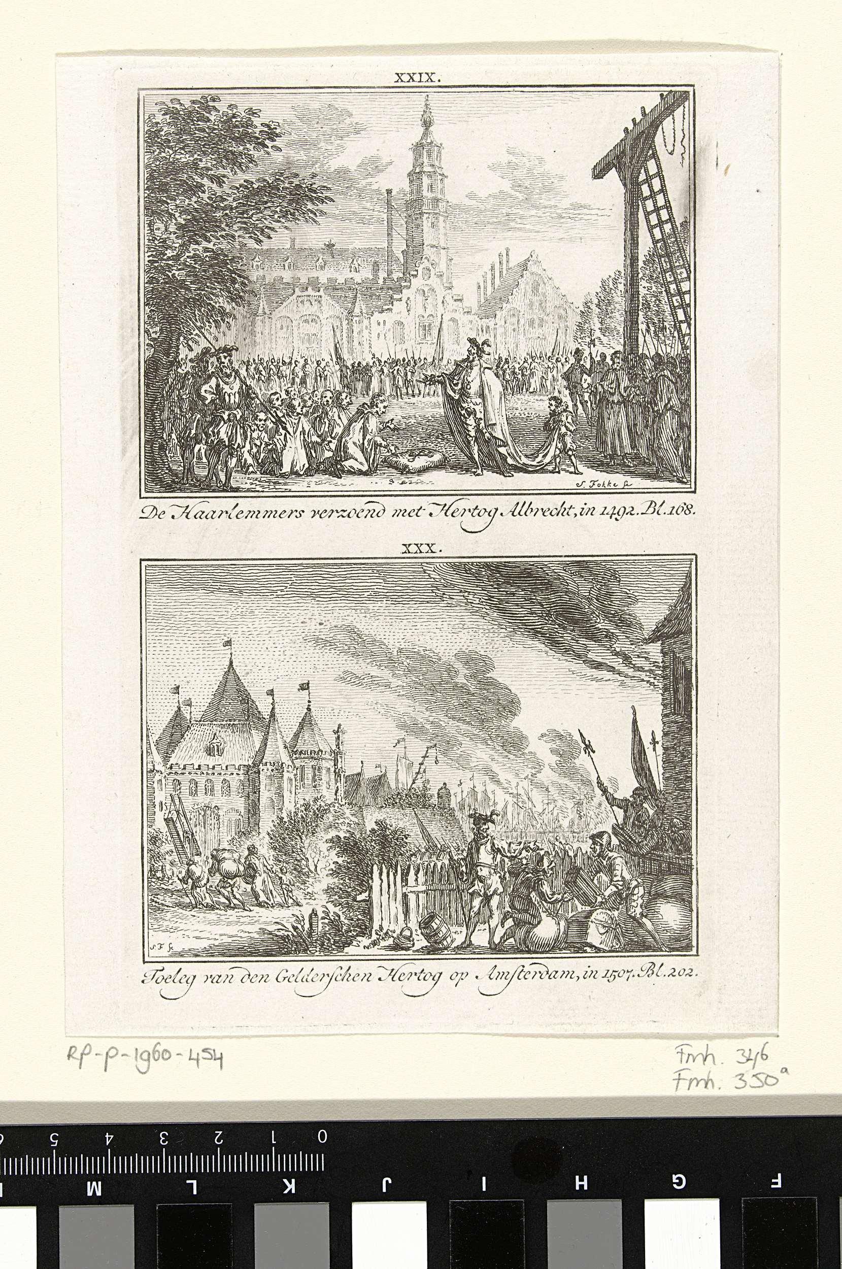De Haarlemmers verzoenen zich met hertog Albrecht, 1492, en troepen Karel van Gelre buiten Amsterdam, 1507