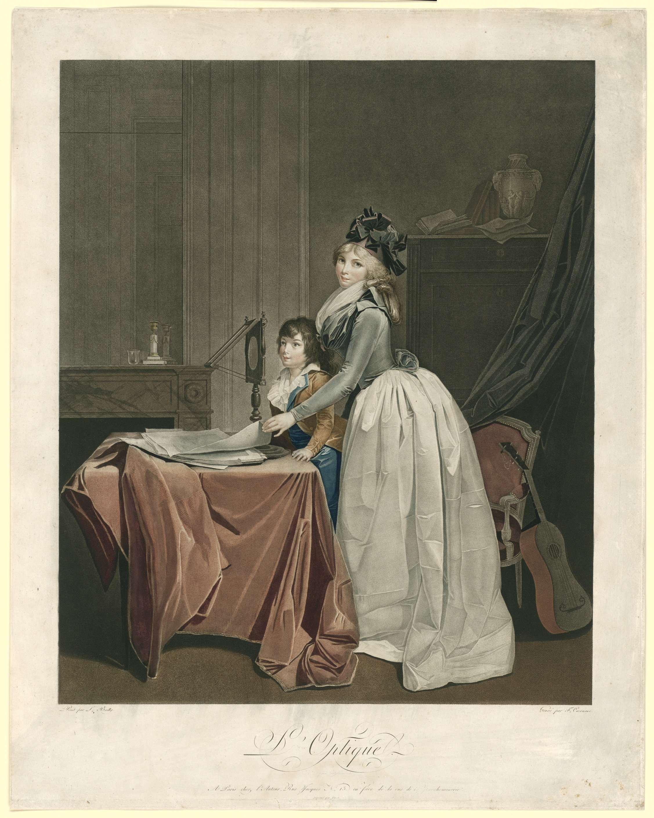 Portret van Louise Sébastienne Danton met stiefzoon achter een opticaspiegel