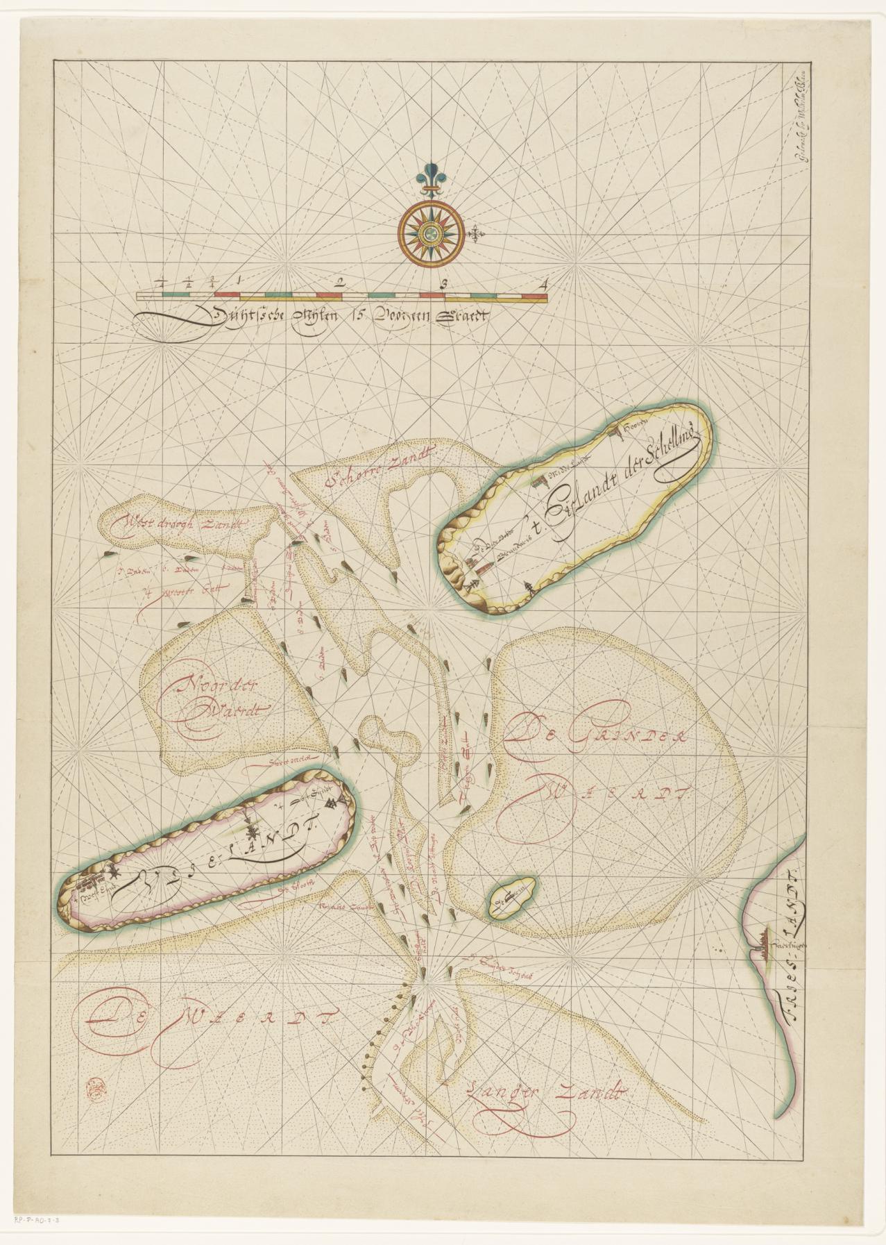 Kaart van Vlieland, Terschelling, een deel van Friesland en de omliggende zandbanken