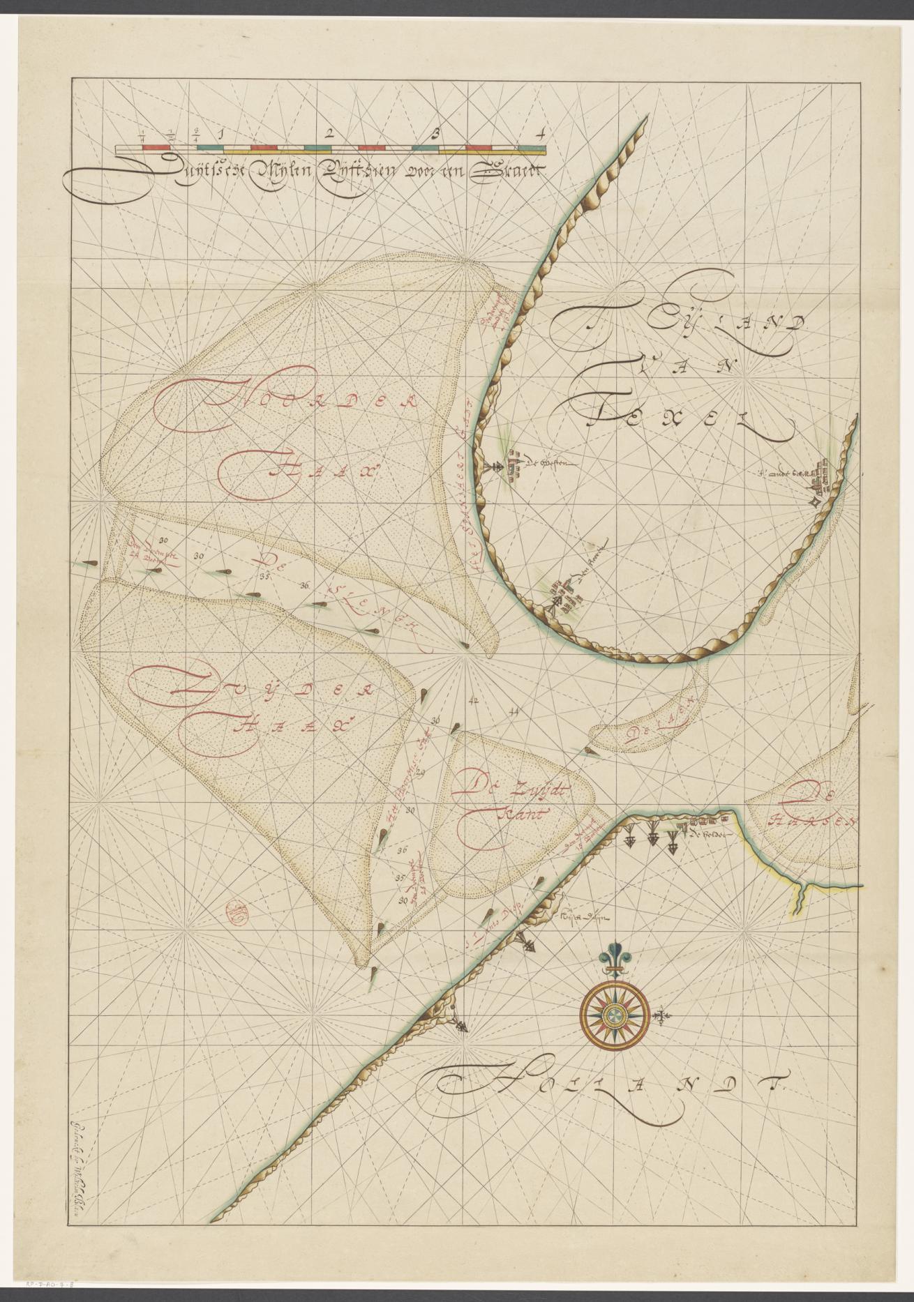 Kaart van een deel van de Kop van Noord-Holland, Zuid-Texel en de omliggende zandbanken