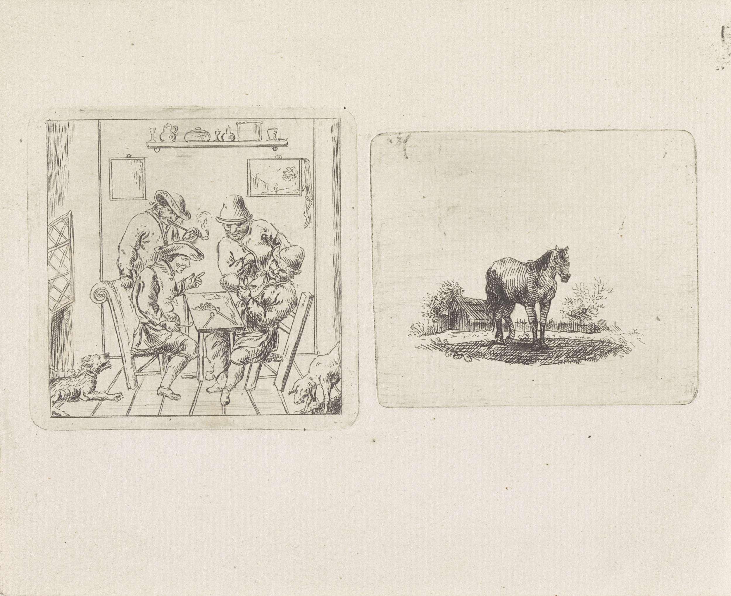 Vier mannen rondom een tafel / Paard in de wei