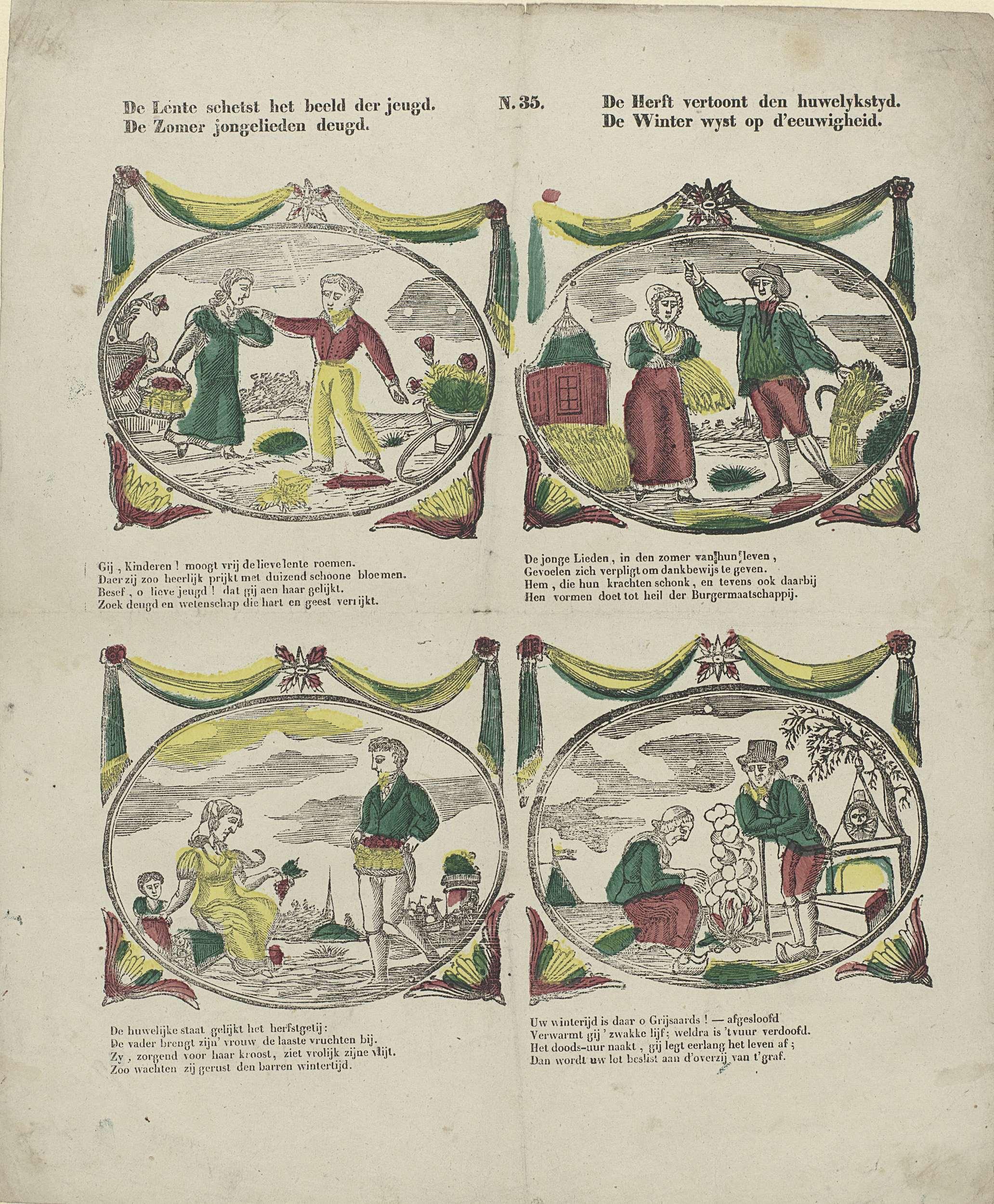 De lente schetst het beeld der jeugd. / De zomer jongelieden deugd. / De herfst vertoont den huwelykstyd. / De winter wyst op d'eeuwigheid