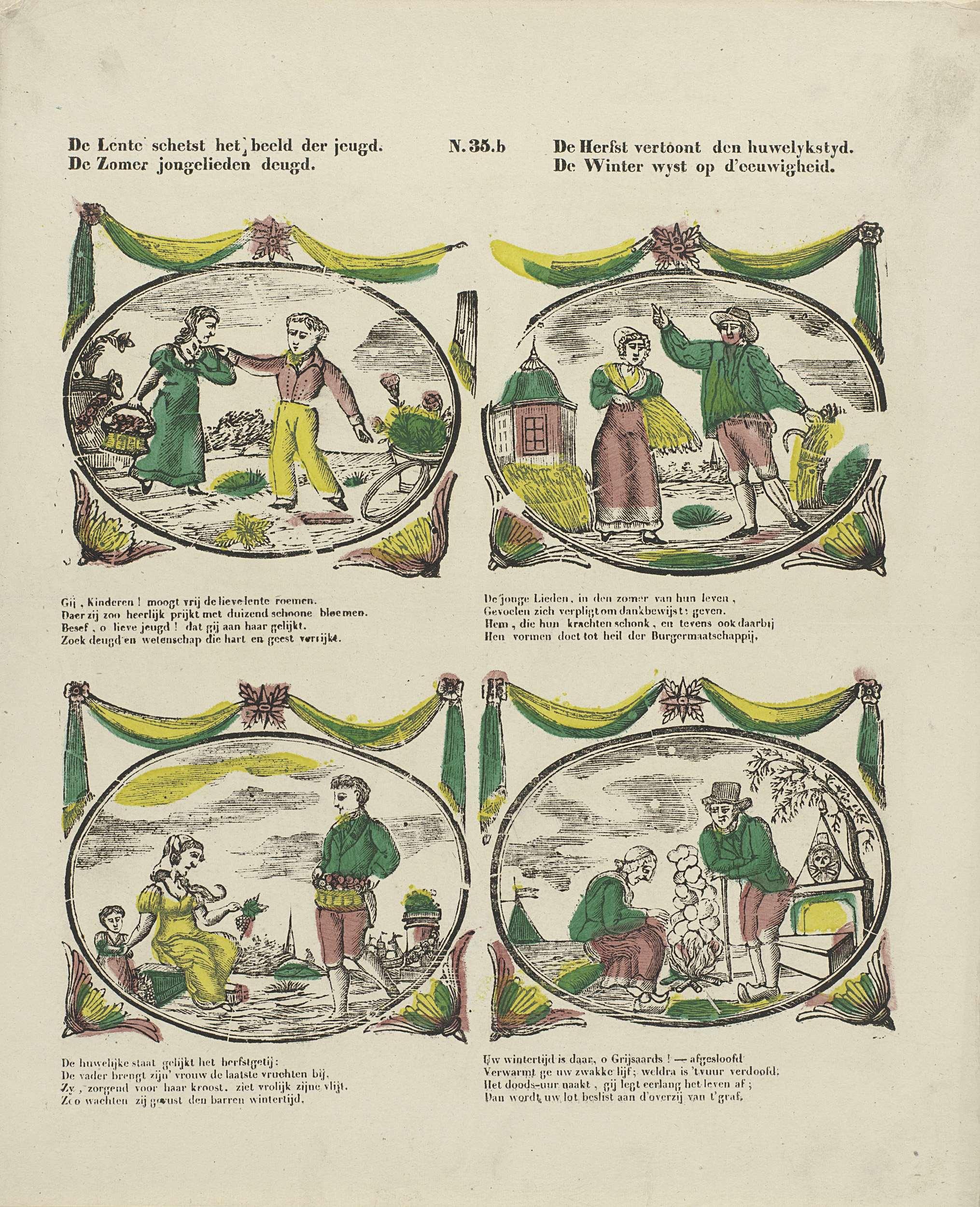 De lente schetst het beeld der jeugd. / De zomer jongelieden deugd. / De herfst vertoont den huwelykstyd. / De winter wyst op d'eeuwigheid