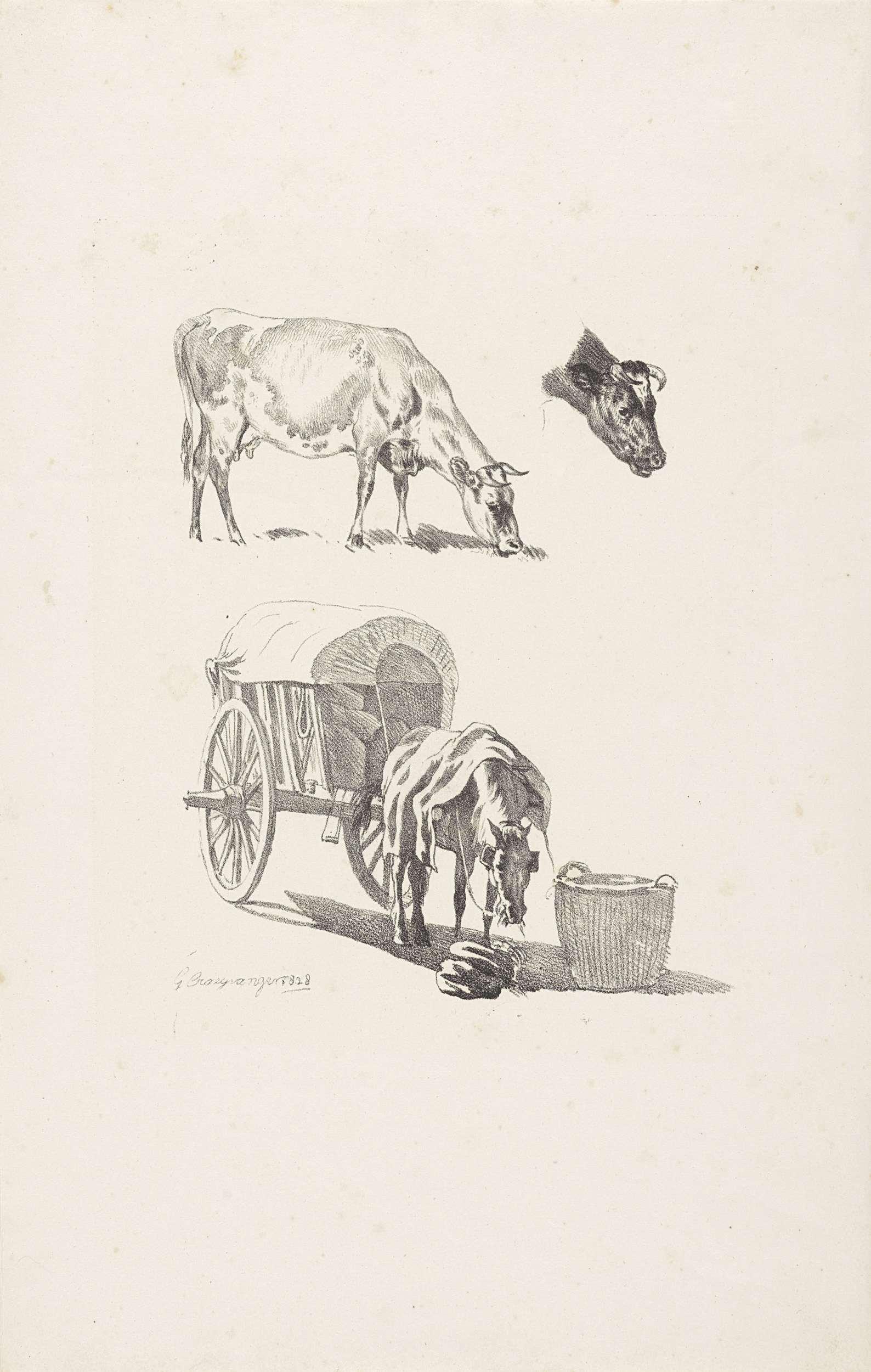 Koe, een koeienkop en een paard met wagen