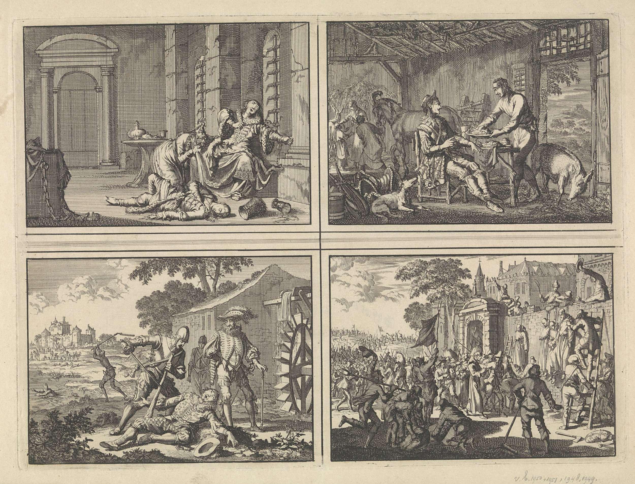 Tsaar Fedor Borissowitz sterft vergiftigd in de gevangenis, 1605 / Philips II, koning van Spanje wordt opgenomen in de hut van een arme boer, ca. 1560 / Wirich von Daun, graaf van Falkenstein, bij een watermolen door Spanjaarden vermoord, 1598 / Monniken uit een klooster nabij Linz worden in de Boerenoorlog aan de muren van hun klooster opgehangen, 1596