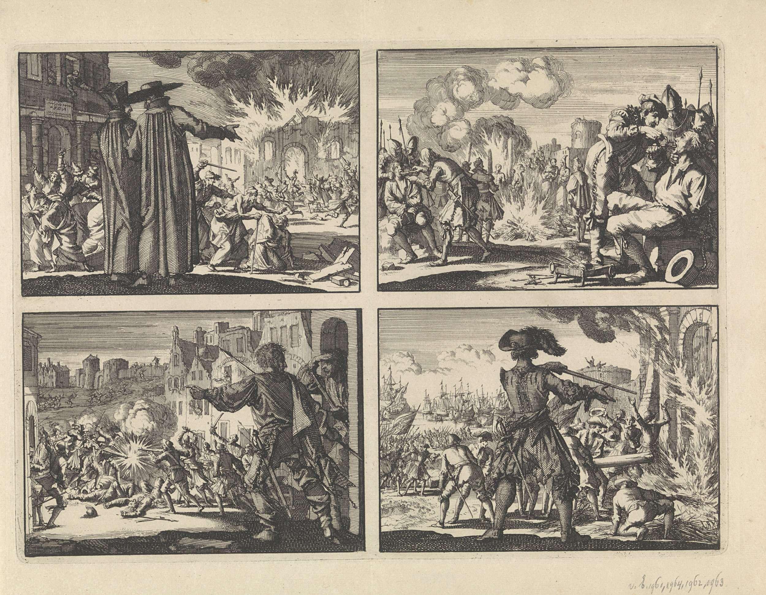 Vervolging van protestanten te Krakau met op de voorgrond twee Jezuïeten, 1606 / Vervolging van de hervormden in de Nederlanden, 1574 /  Straatgevechten in Genève ter verdediging tegen een aanval van Karel Emanuel, hertog van Savoye, 1602 / Inname van Den Briel, 1572