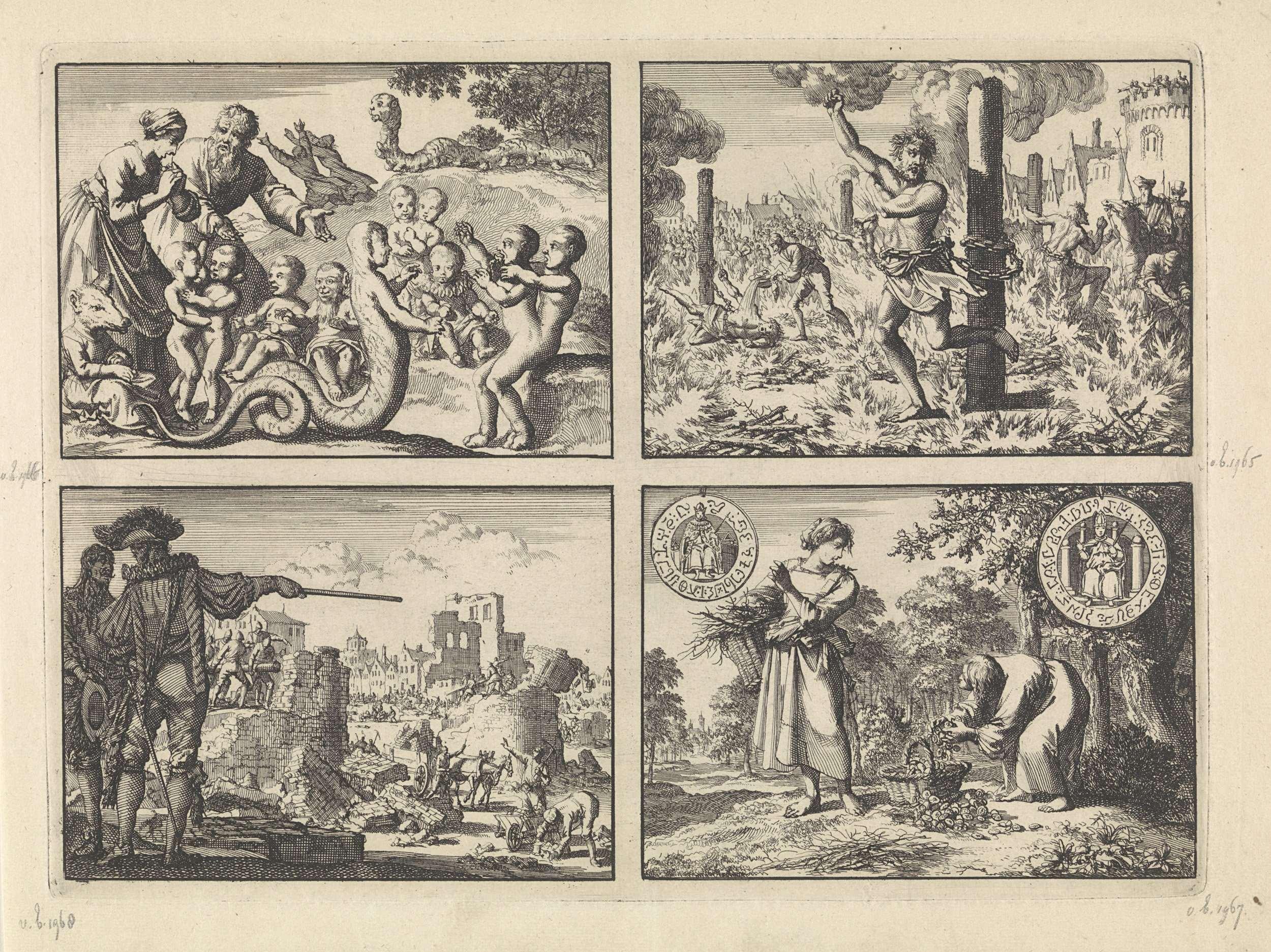 Monsters en misgeboorten, ca. 1590 /  Vier brandstichters te Praag levend verbrand, ca, 1583 / Spinola doet de muren van Mülheim afbreken, 1614 / Wonderlijke verschijning van een oud mannetje aan een arm boerenmeisje, terwijl hij haar mand vult met zilveren munten, 1605