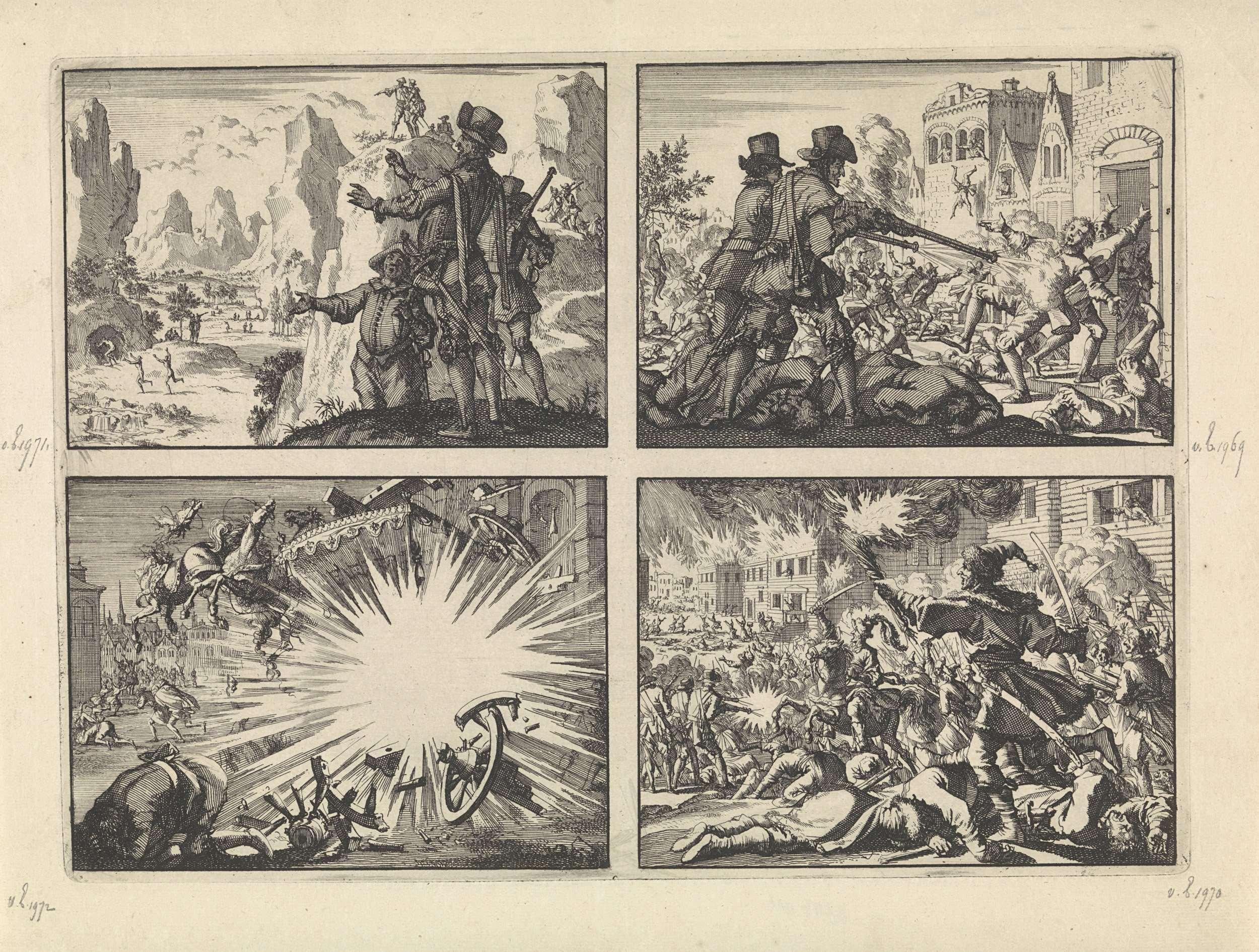 Gewapende Spanjaarden kijken vanaf rotsen neer op geheel wild levende mensen, ca. 1600 / Moord op hervormden te Tirano, 1620 / Rijtuig en de paarden van koning Lodewijk XIII door ontploffing van een helse machine vernield, ca. 1625 / Strijd der Russen en Polakken in Moskou, waarbij de stad grotendeels in de as wordt gelegd, 1611