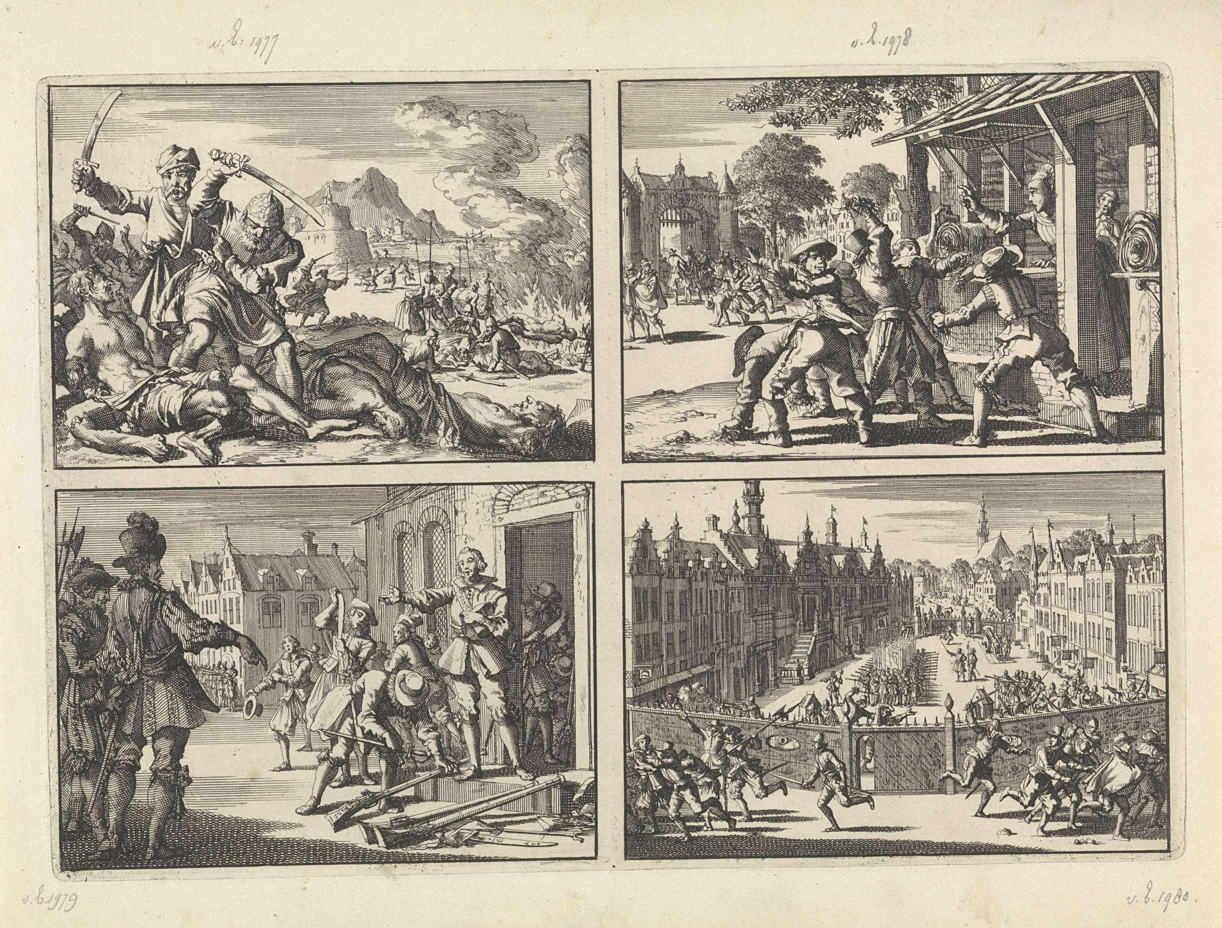 Turkse wreedheden in het gebied rond Venetië, 1614 / Huizen van contraremonstranten te Schoonhoven worden aangevallen en met vuil besmeurd, 1617 / Prins Maurits op de Neude te Utrecht beveelt de Waardgelders hun wapens neer te leggen, 1618 / Breestraat te Leiden door Waardgelders bezet, 1618