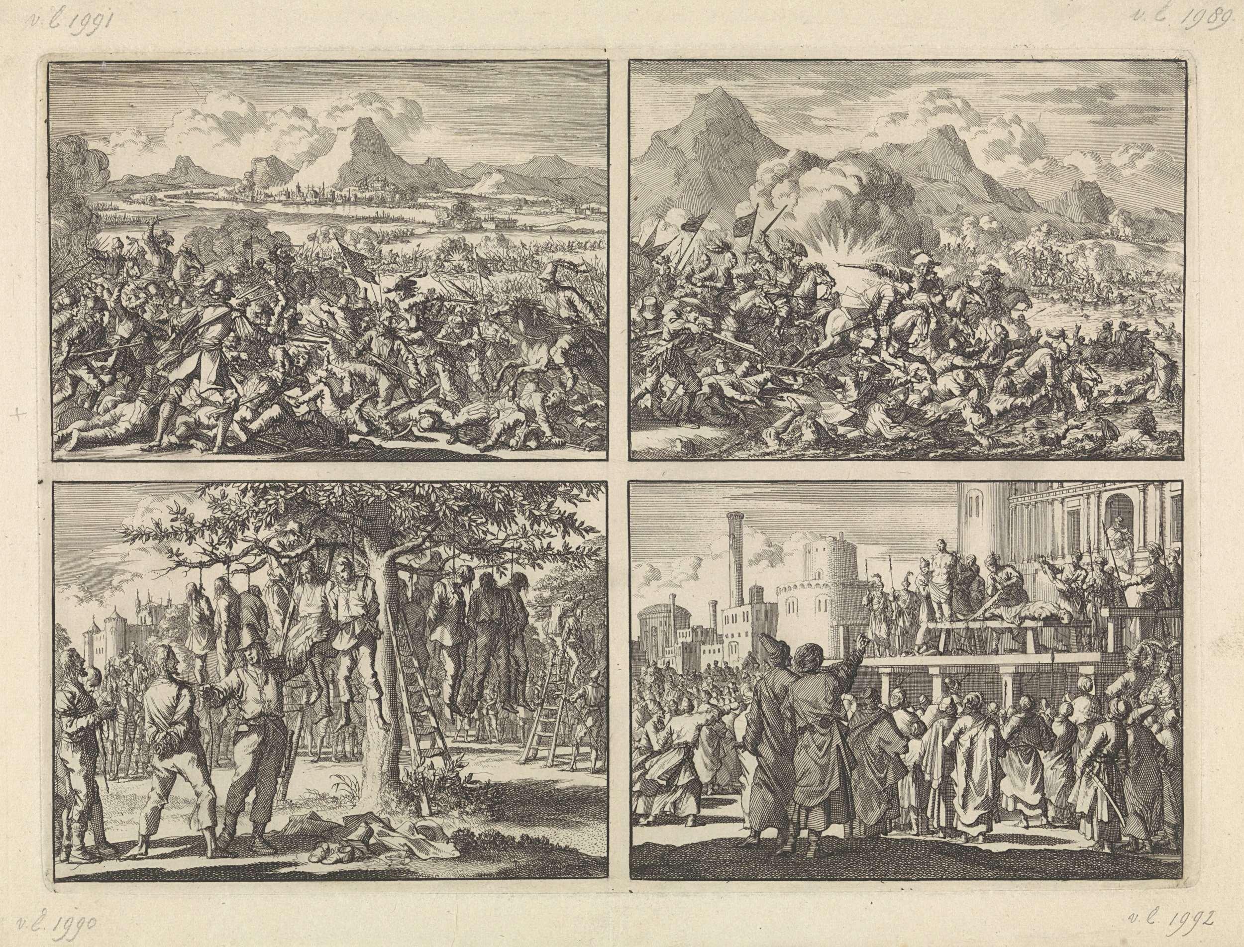 Keizerlijke leger door de Fransen verslagen bij Mázia in Valtellina en in de Adige gejaagd, 1635 / Pappenheim verslaat de opgestane boeren in Oostenrijk nabij Linz aan de Donau, 1626 / Gevangen genomen boeren bij Hasingen door de Zweden in een boom gehangen, 1633 / Sultan Murat IV laat van twee mannen armen en benen afhakken omdat zij hadden gerookt, ca. 1630
