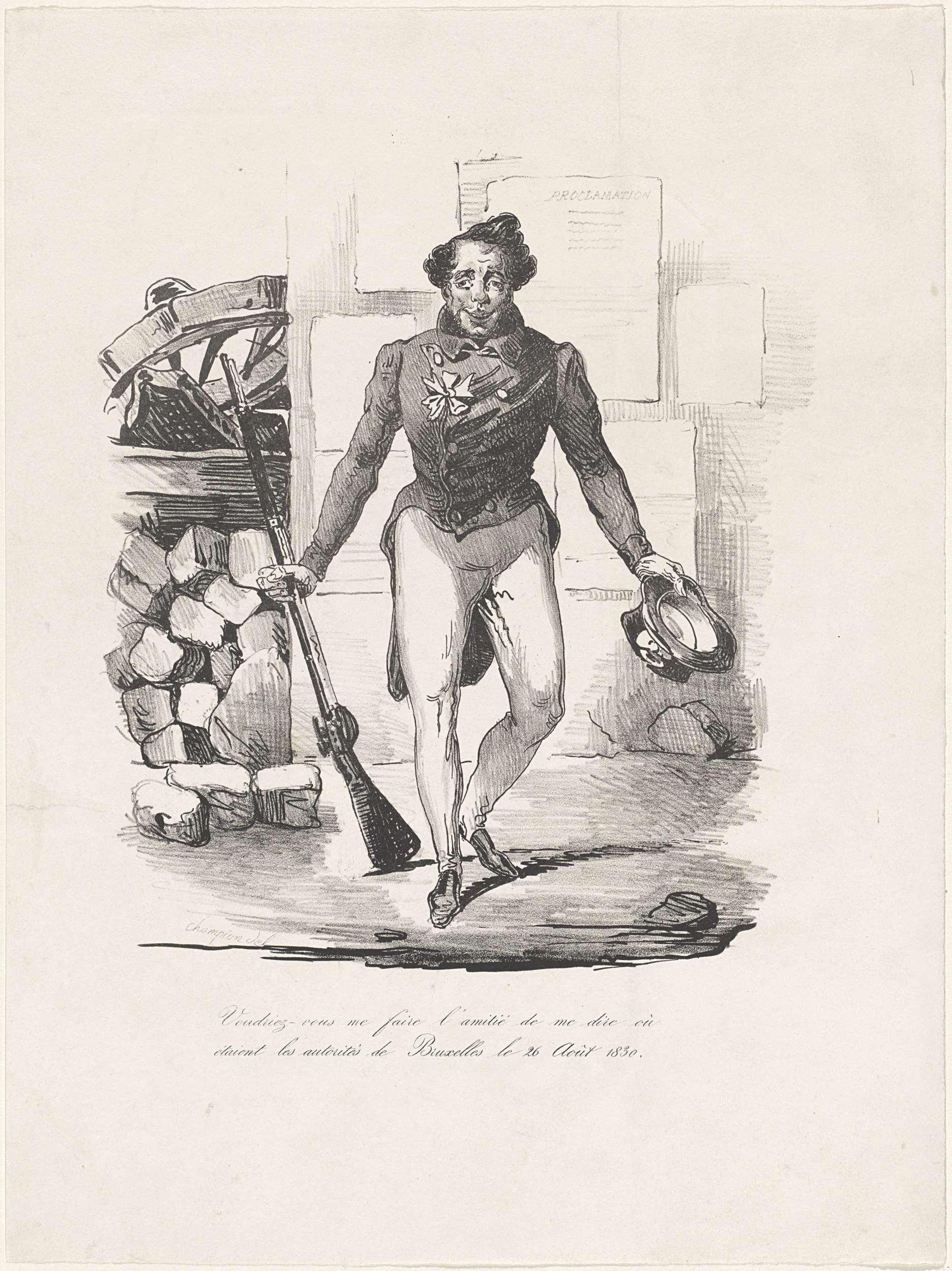 Spotprent op de nalatigheid van de Brusselse autoriteiten bij het begin van de ongeregeldheden, 1830