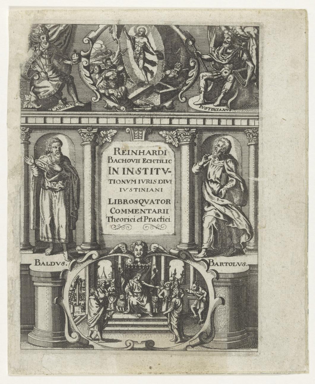 Juristen Baldus en Bartolus en keizers Karel V en Justinianus