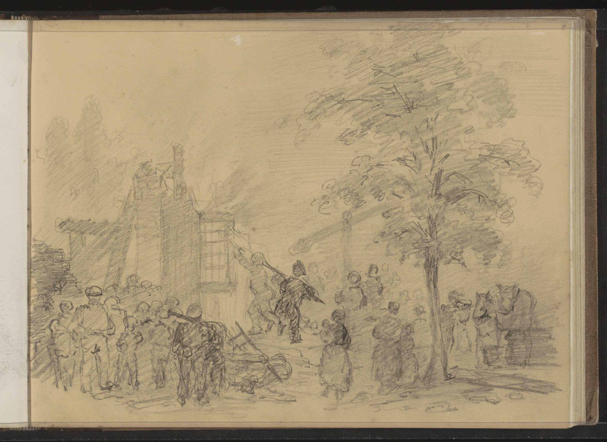 Groep figuren rondom een gebouw