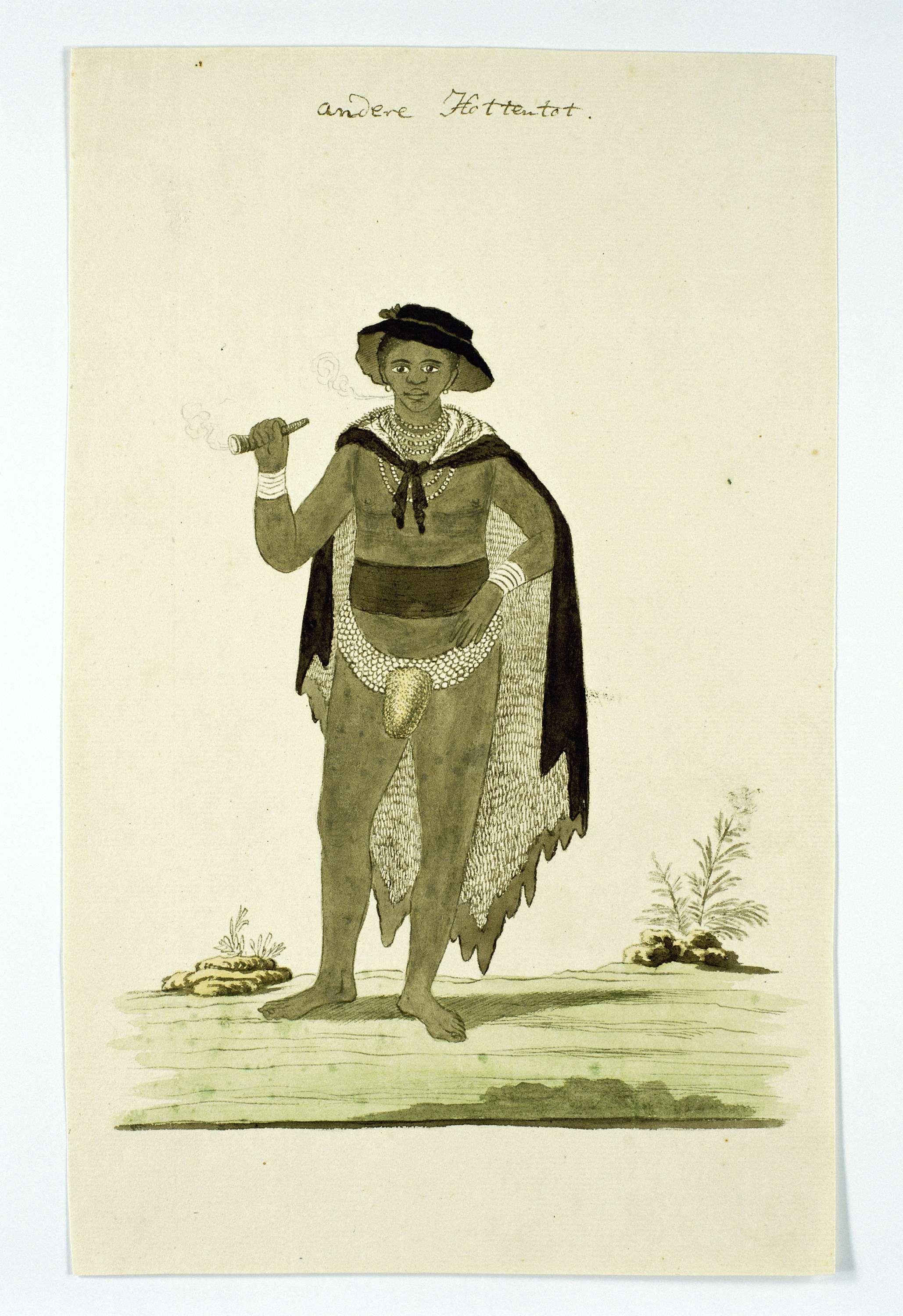 Man van de Khoikhoi with met een pijp van ossenhoorn in zijn hand