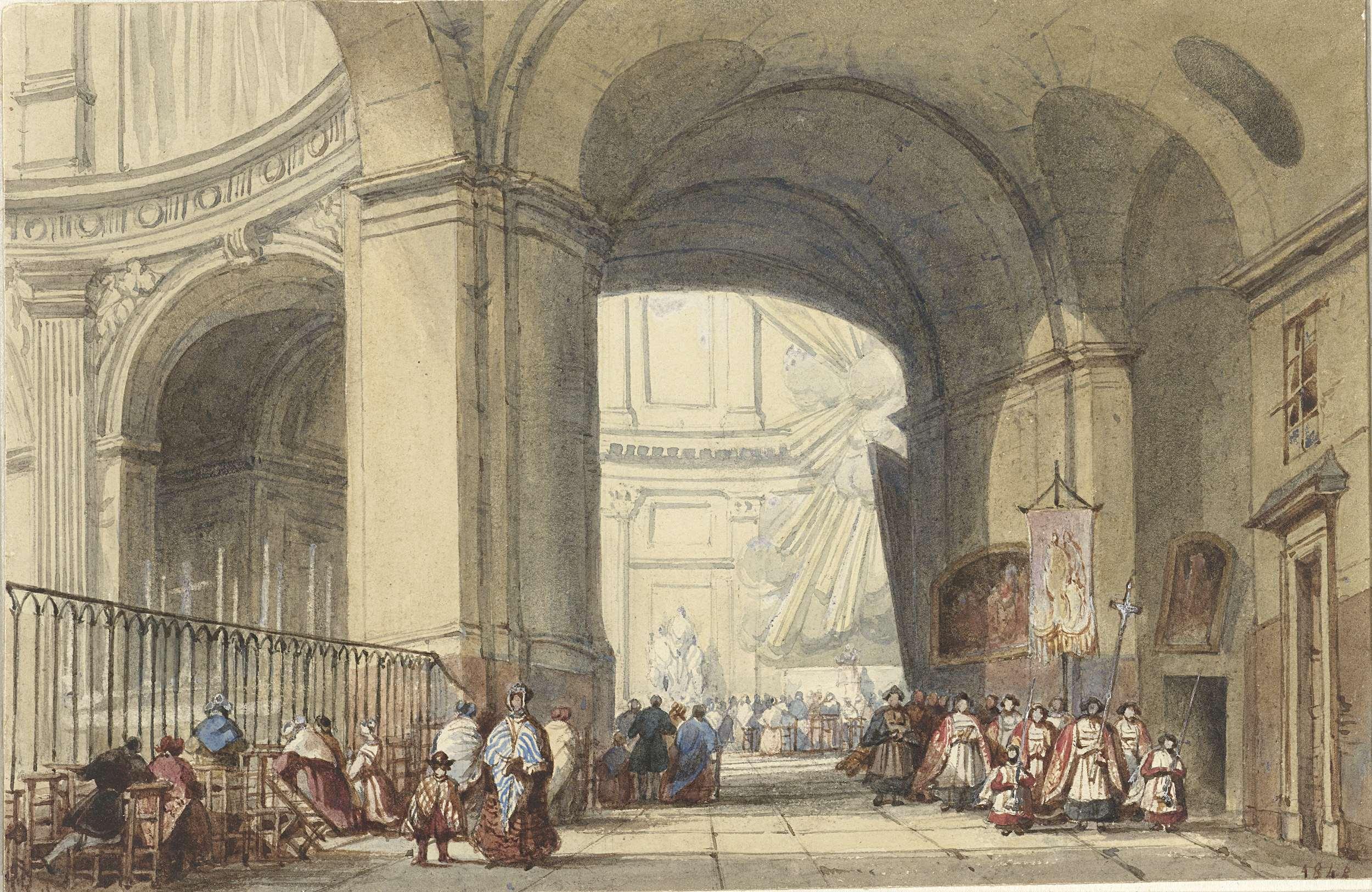 Interieur van de S. Roche te Parijs, met een processie op de voorgrond